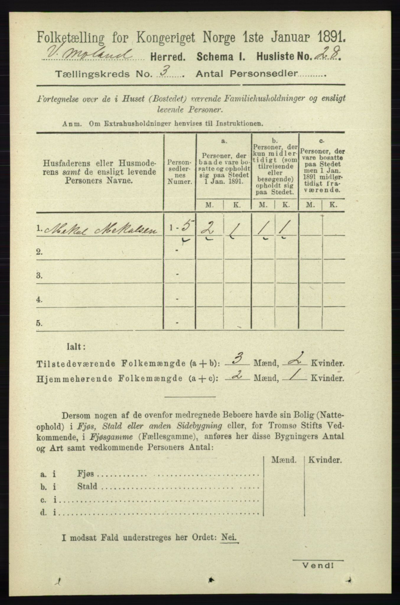 RA, 1891 census for 0926 Vestre Moland, 1891, p. 949