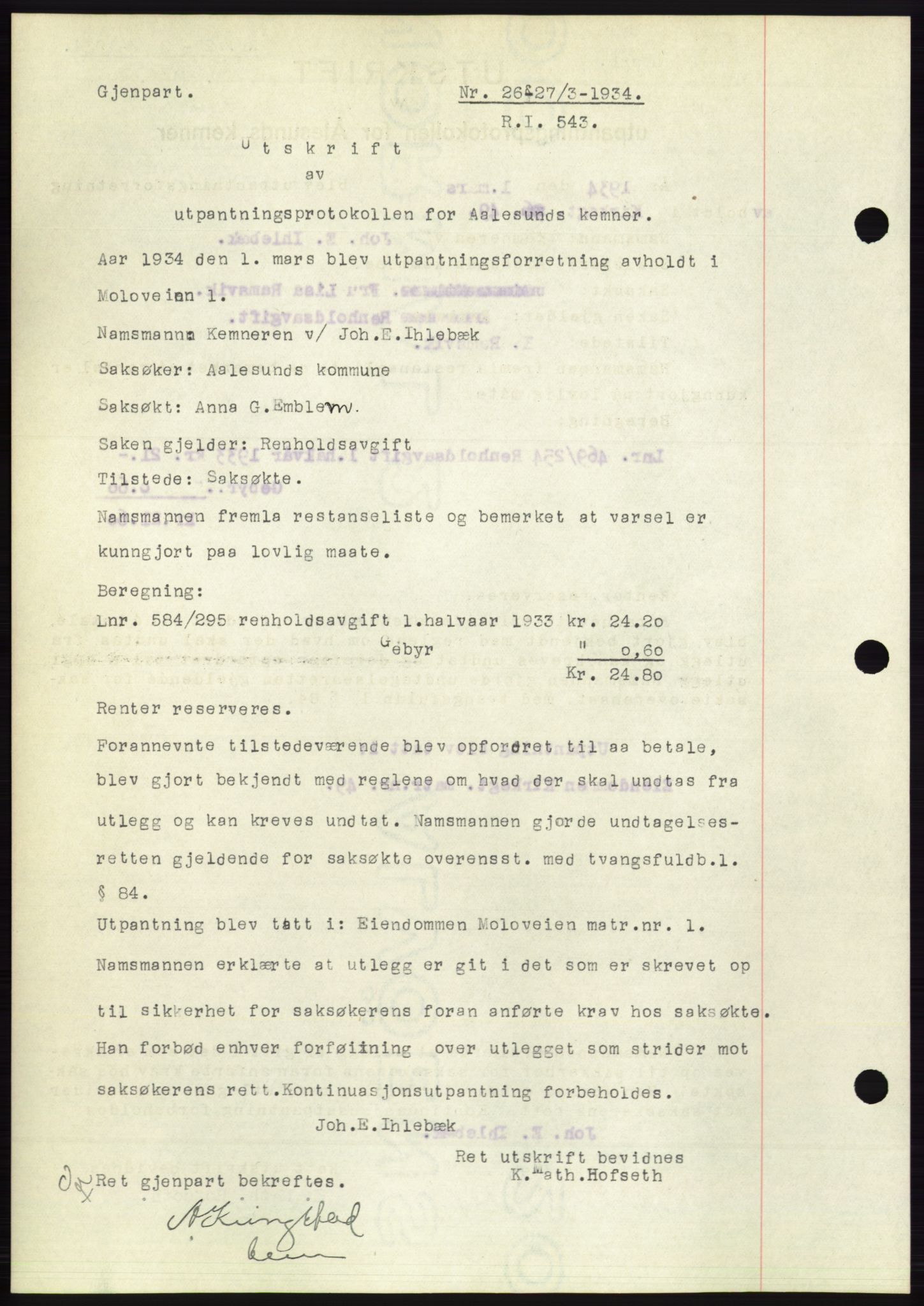 Ålesund byfogd, AV/SAT-A-4384: Mortgage book no. 31, 1933-1934, Deed date: 27.03.1934