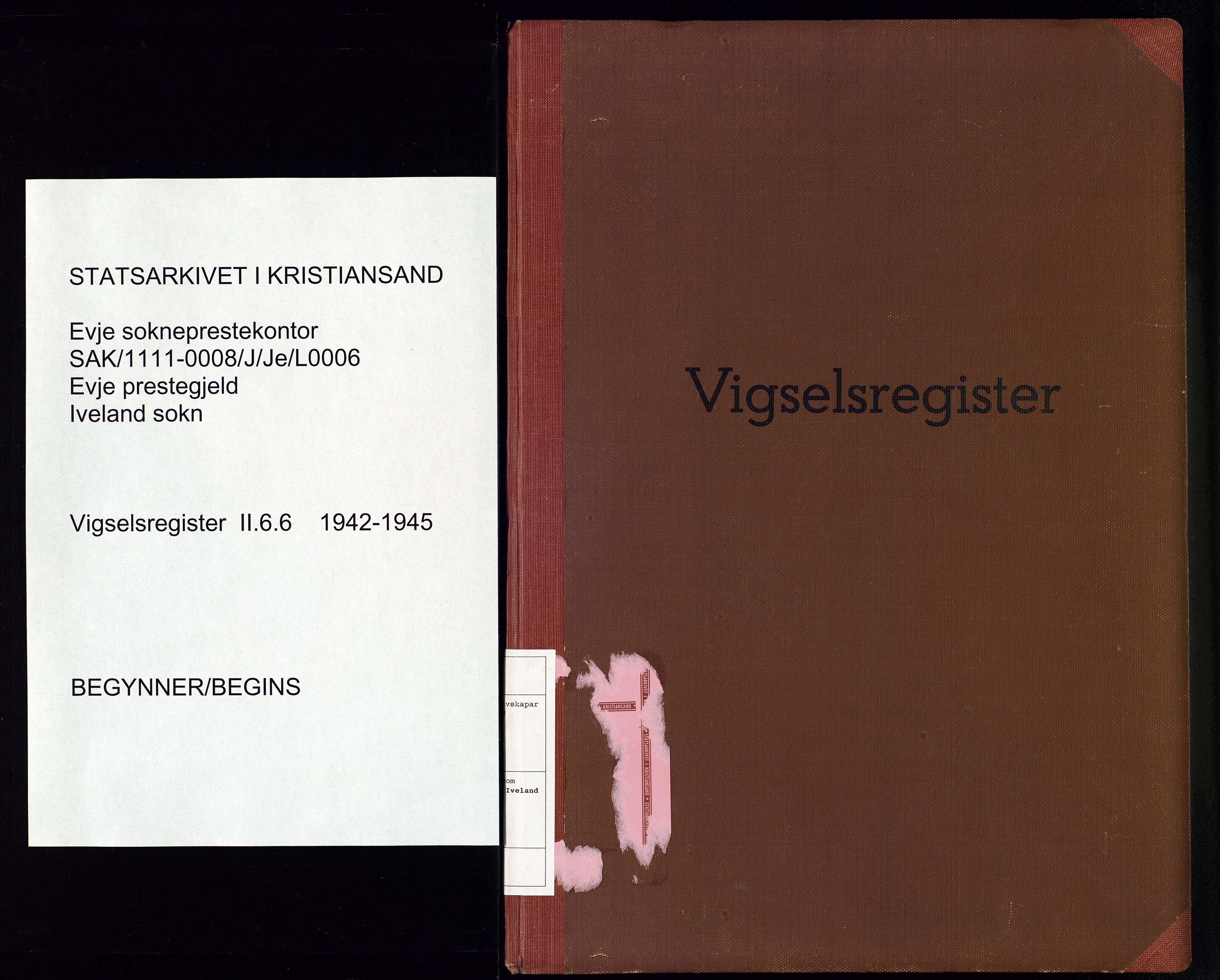 Evje sokneprestkontor, SAK/1111-0008/J/Je/L0006: Marriage register no. II.6.6, 1942-1945