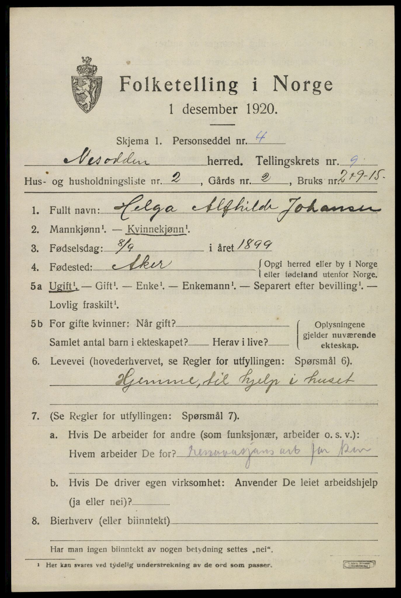 SAO, 1920 census for Nesodden, 1920, p. 6707