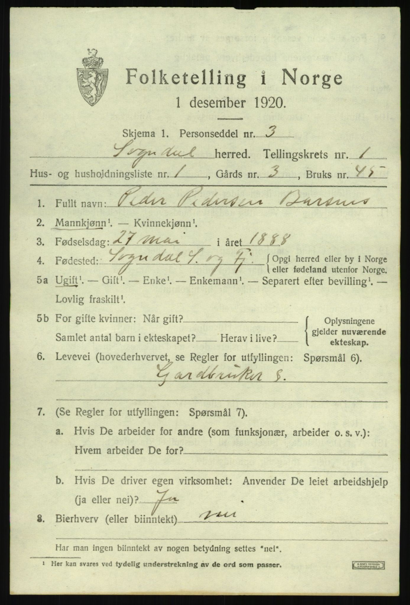 SAB, 1920 census for Sogndal, 1920, p. 1307