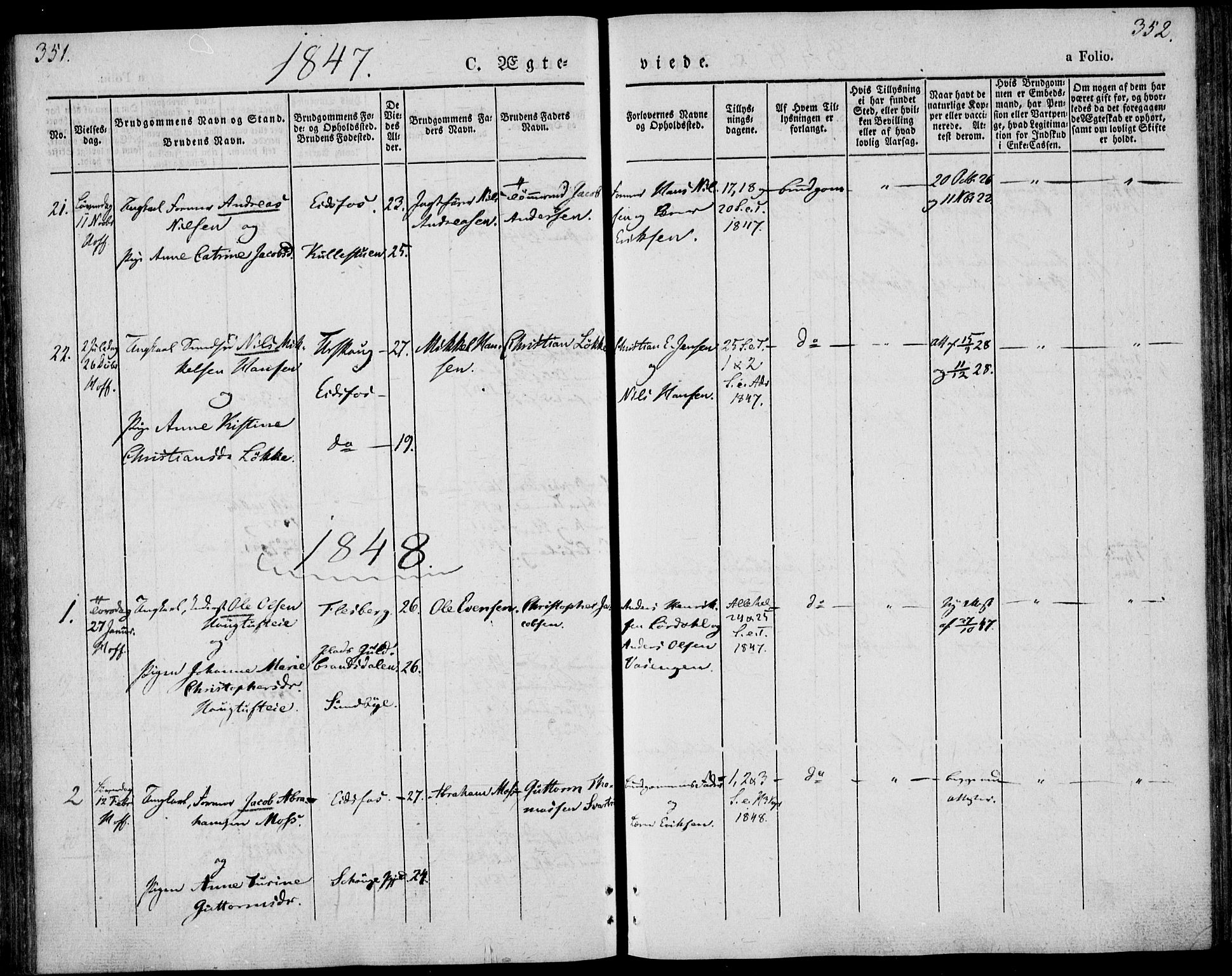 Hof kirkebøker, AV/SAKO-A-64/F/Fa/L0005: Parish register (official) no. I 5, 1844-1851, p. 351-352