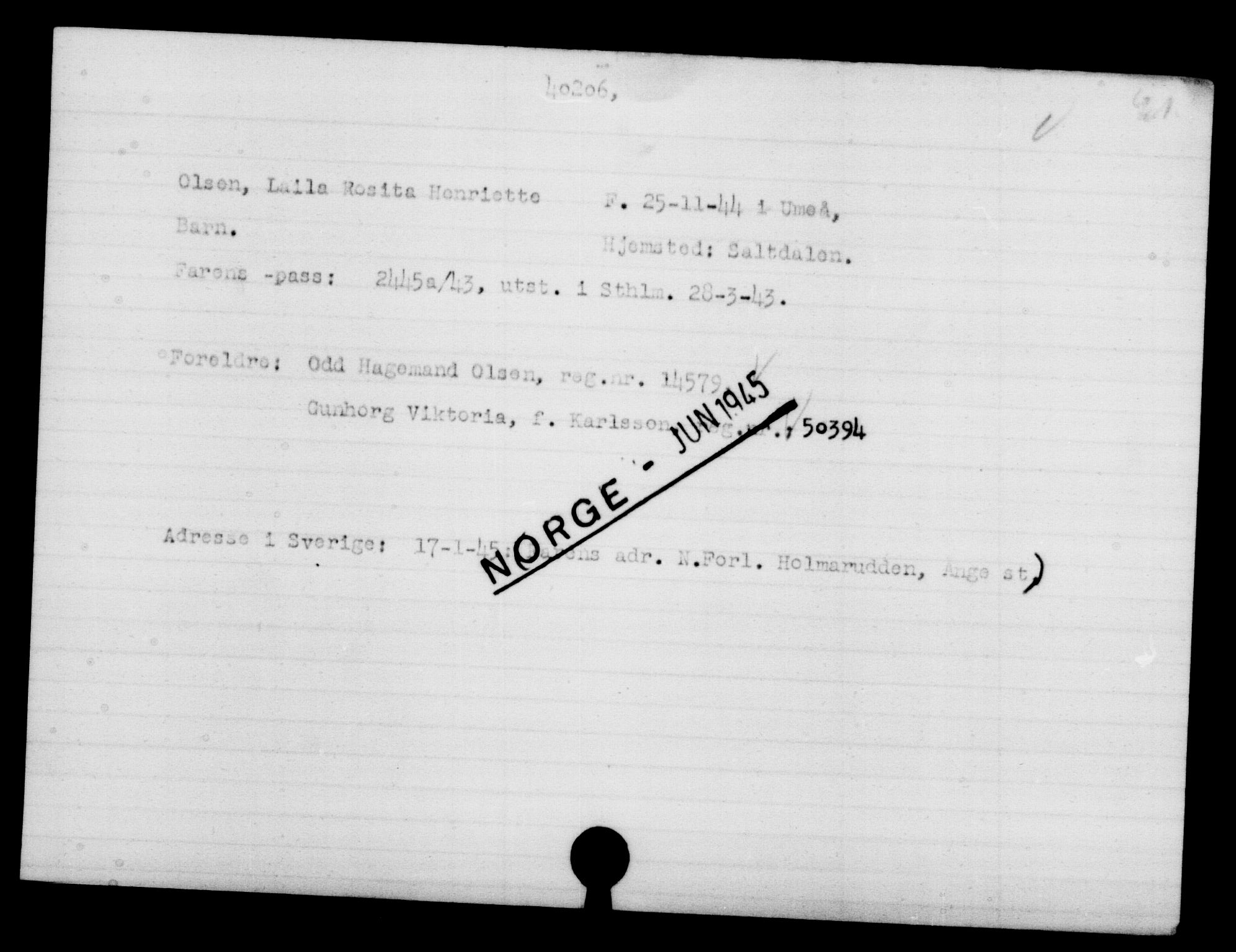 Utenriksstasjonene, Legasjonen i Stockholm, Flyktningkontoret, AV/RA-S-6753/V/Va/L0015: Kjesäterkartoteket, flyktninger med registreringsnr. 37800-40770, 1940-1945, p. 2503