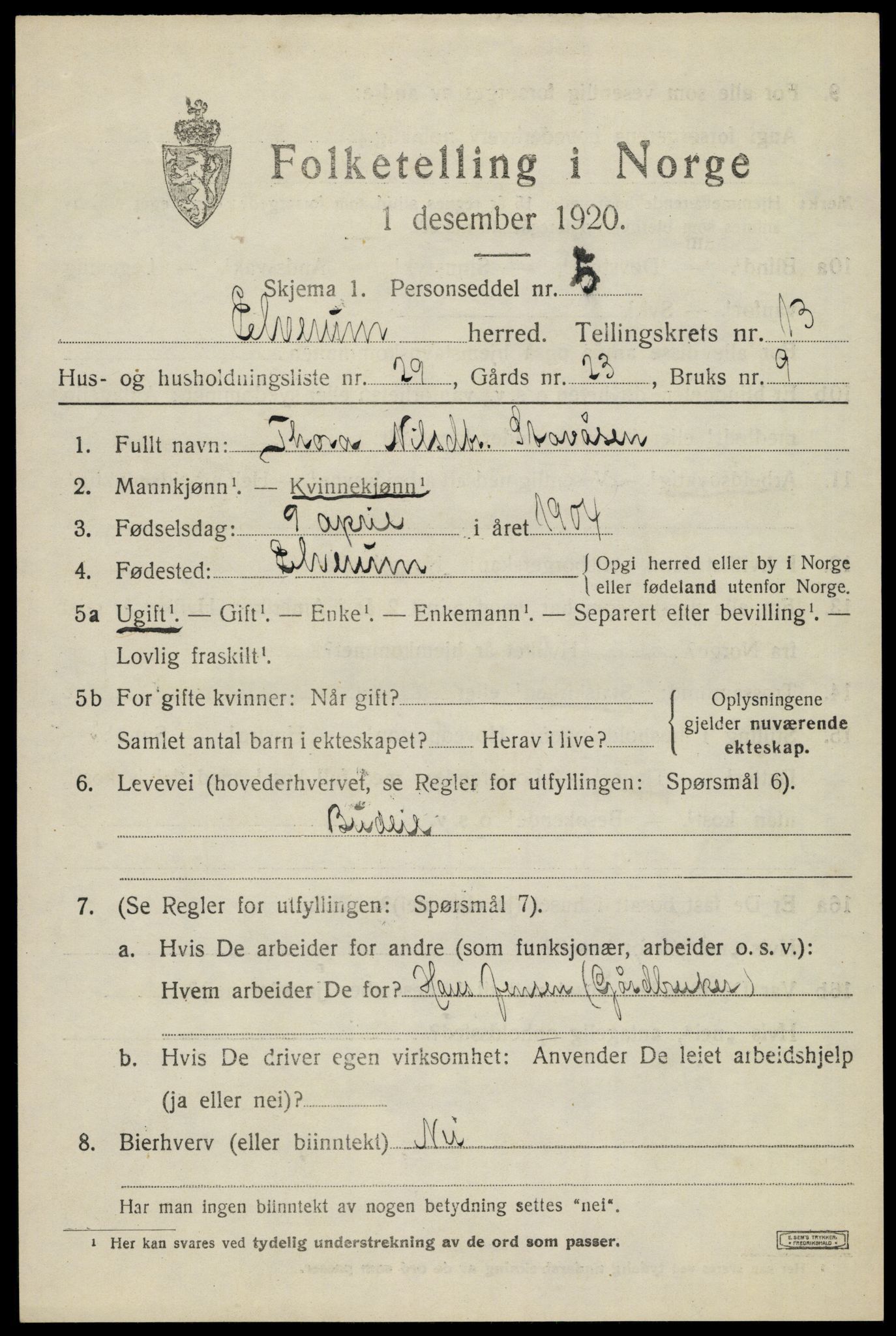 SAH, 1920 census for Elverum, 1920, p. 17708