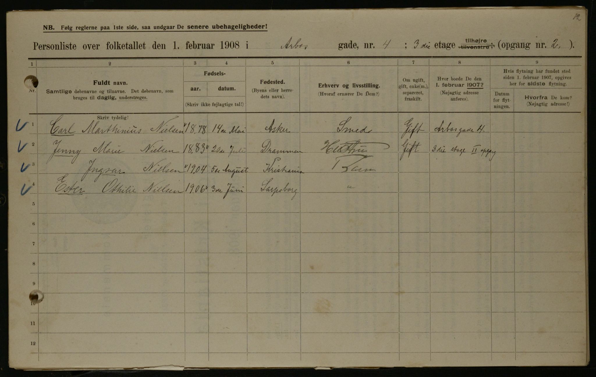OBA, Municipal Census 1908 for Kristiania, 1908, p. 2064