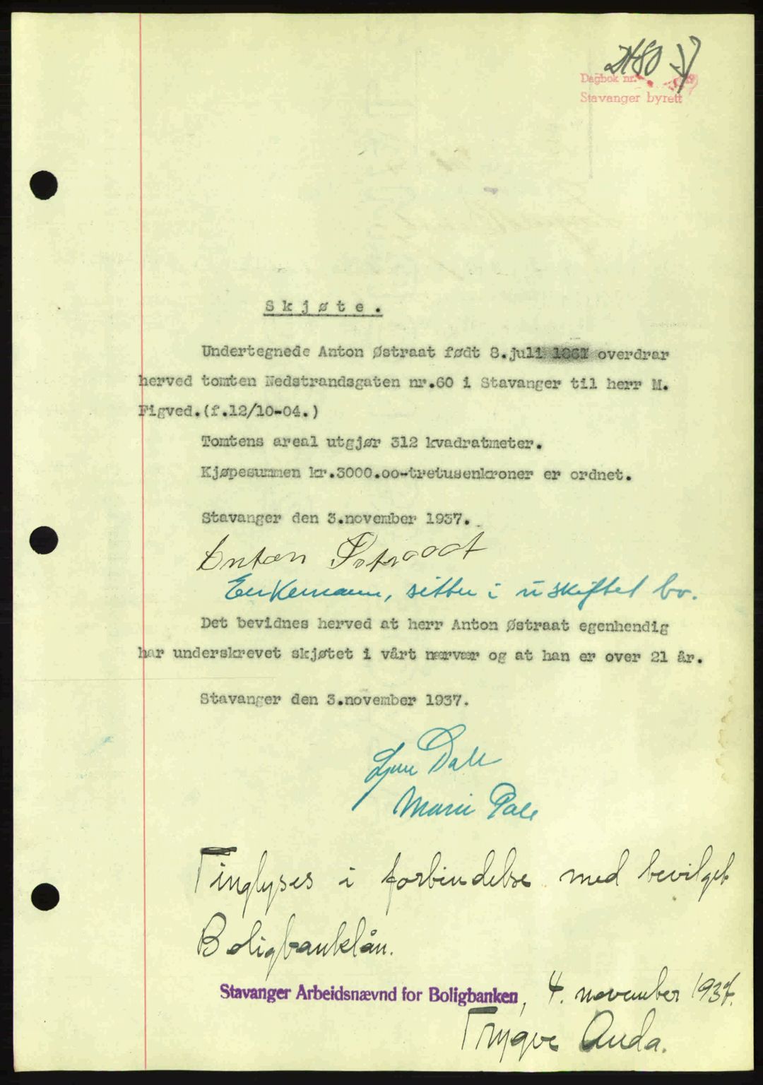 Stavanger byrett, SAST/A-100455/002/G/Gb/L0013: Mortgage book no. A3, 1937-1938, Diary no: : 2480/1937