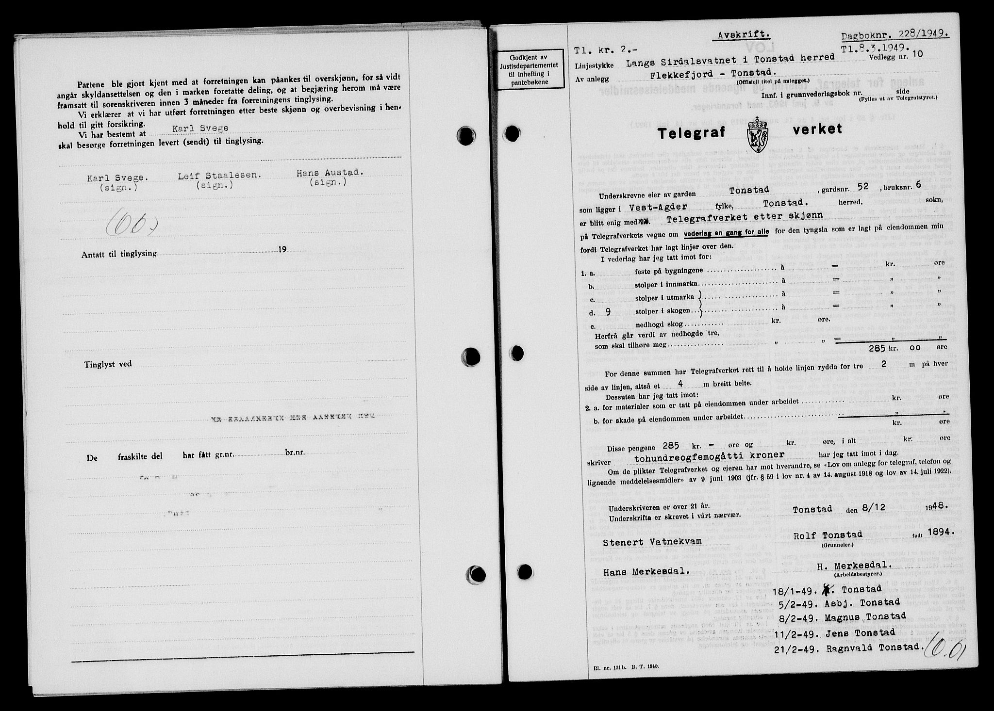 Flekkefjord sorenskriveri, SAK/1221-0001/G/Gb/Gba/L0064: Mortgage book no. A-12, 1948-1949, Diary no: : 228/1949