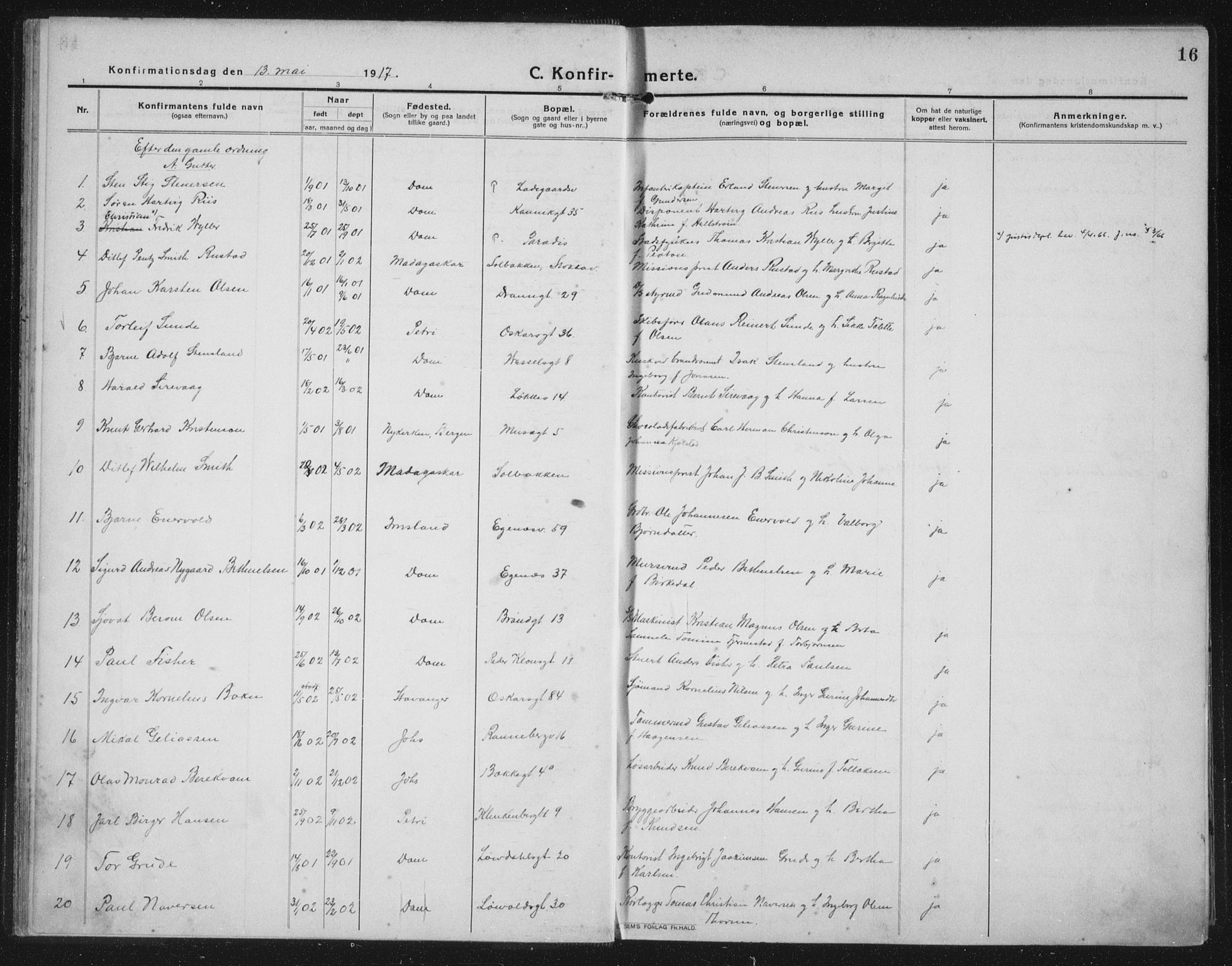 Domkirken sokneprestkontor, AV/SAST-A-101812/002/A/L0019: Parish register (official) no. A 35, 1916-1932, p. 16