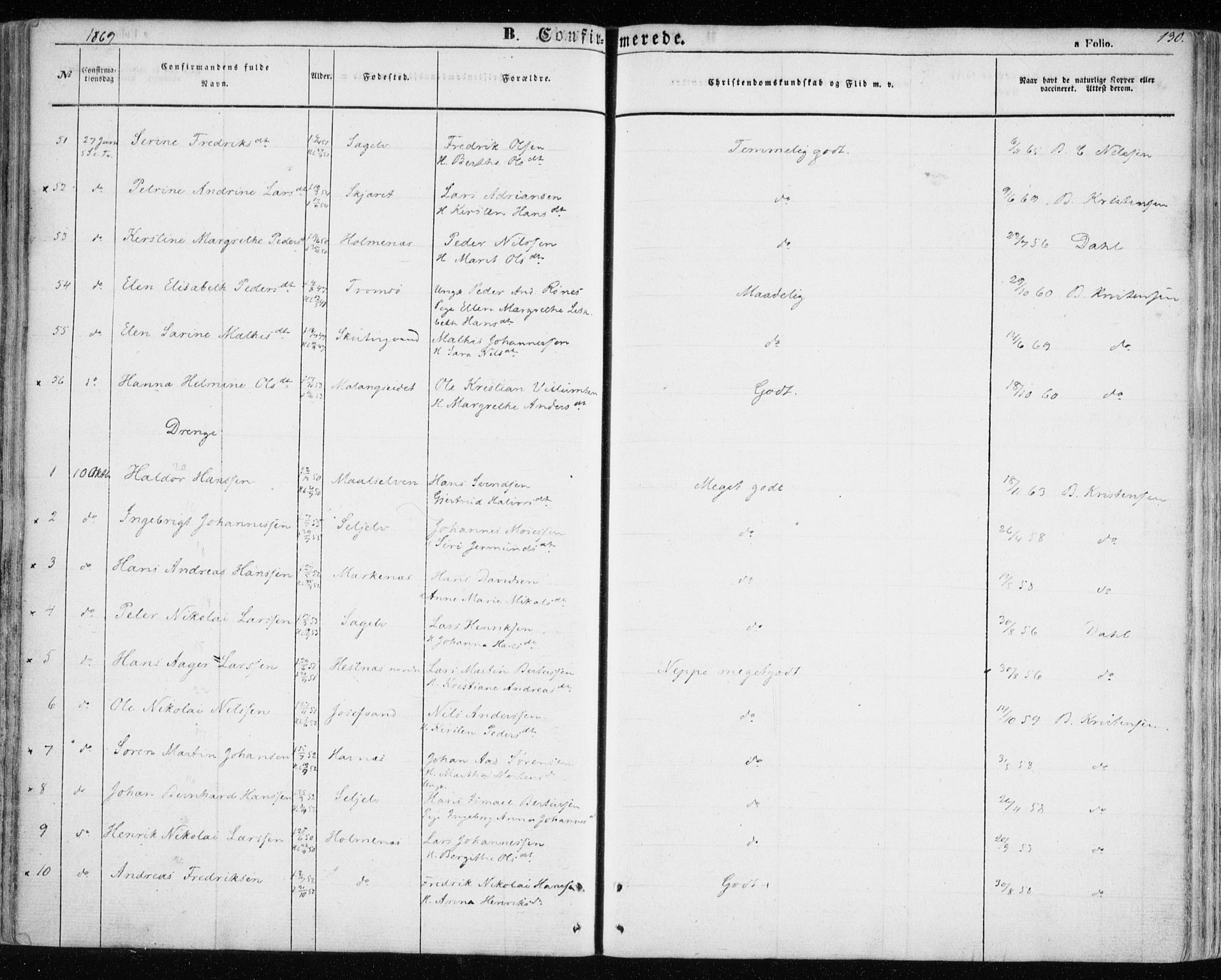 Balsfjord sokneprestembete, AV/SATØ-S-1303/G/Ga/L0003kirke: Parish register (official) no. 3, 1856-1870, p. 130