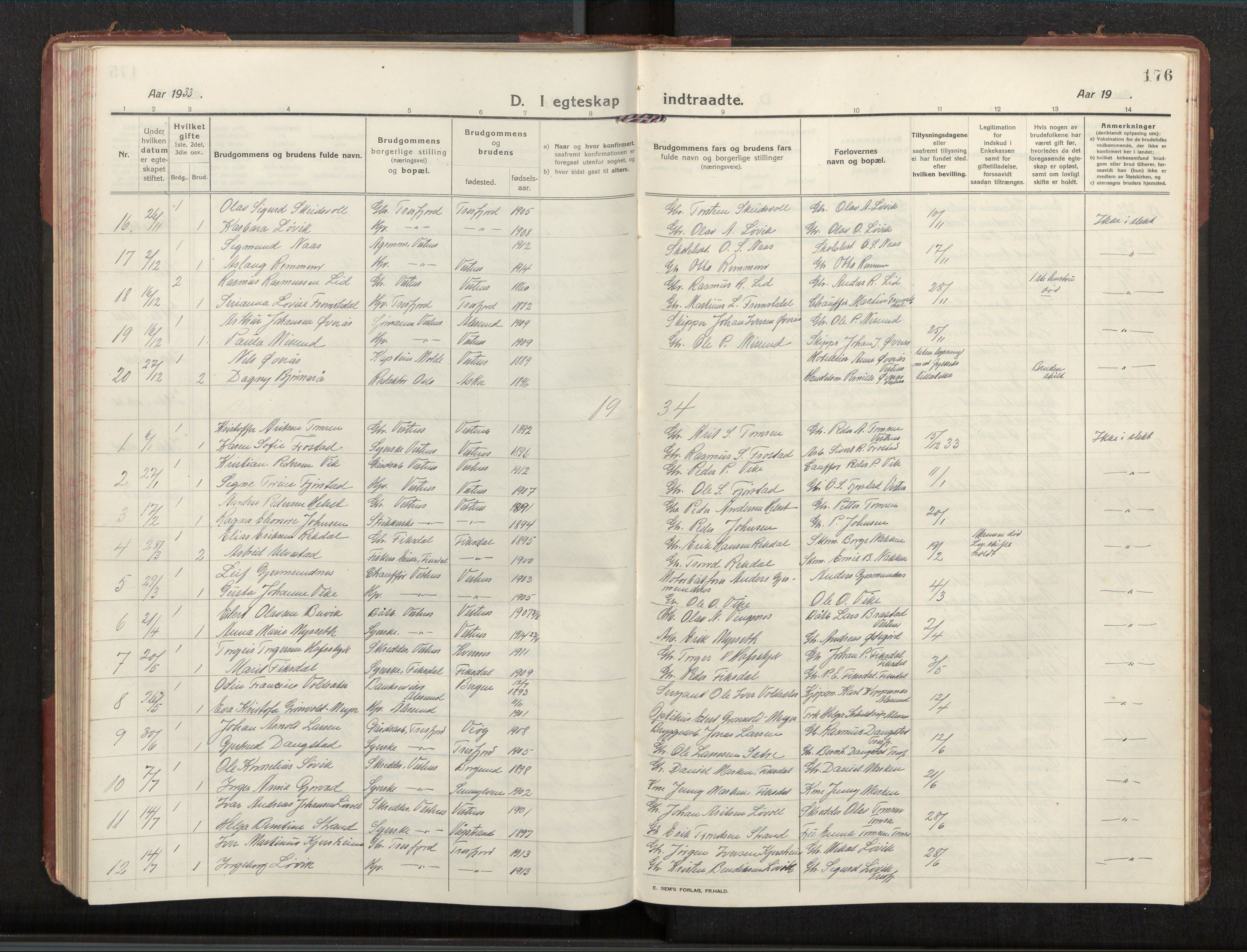 Ministerialprotokoller, klokkerbøker og fødselsregistre - Møre og Romsdal, SAT/A-1454/539/L0536a: Parish register (copy) no. 539C03, 1912-1936, p. 176