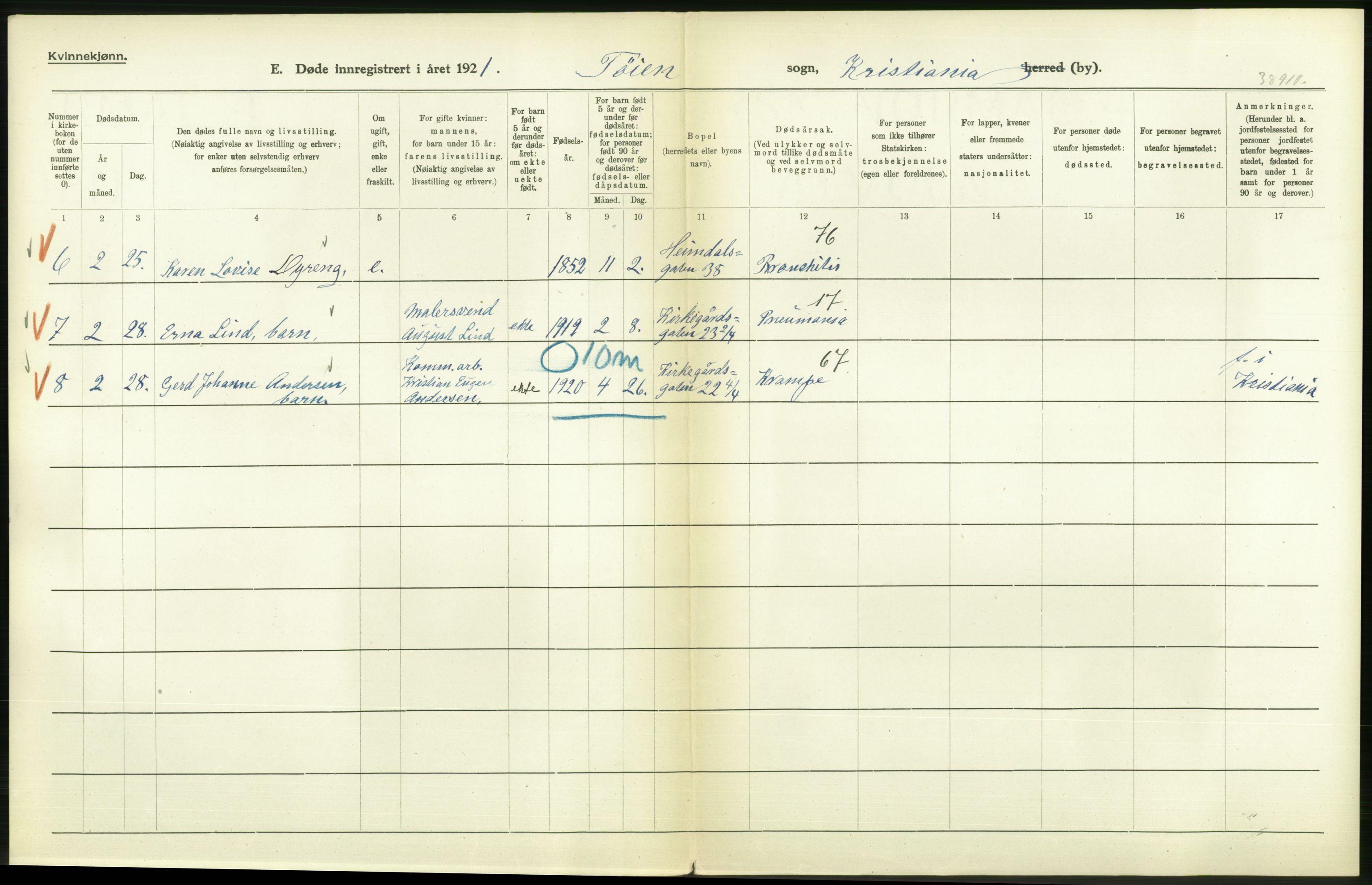 Statistisk sentralbyrå, Sosiodemografiske emner, Befolkning, AV/RA-S-2228/D/Df/Dfc/Dfca/L0013: Kristiania: Døde, dødfødte, 1921, p. 120