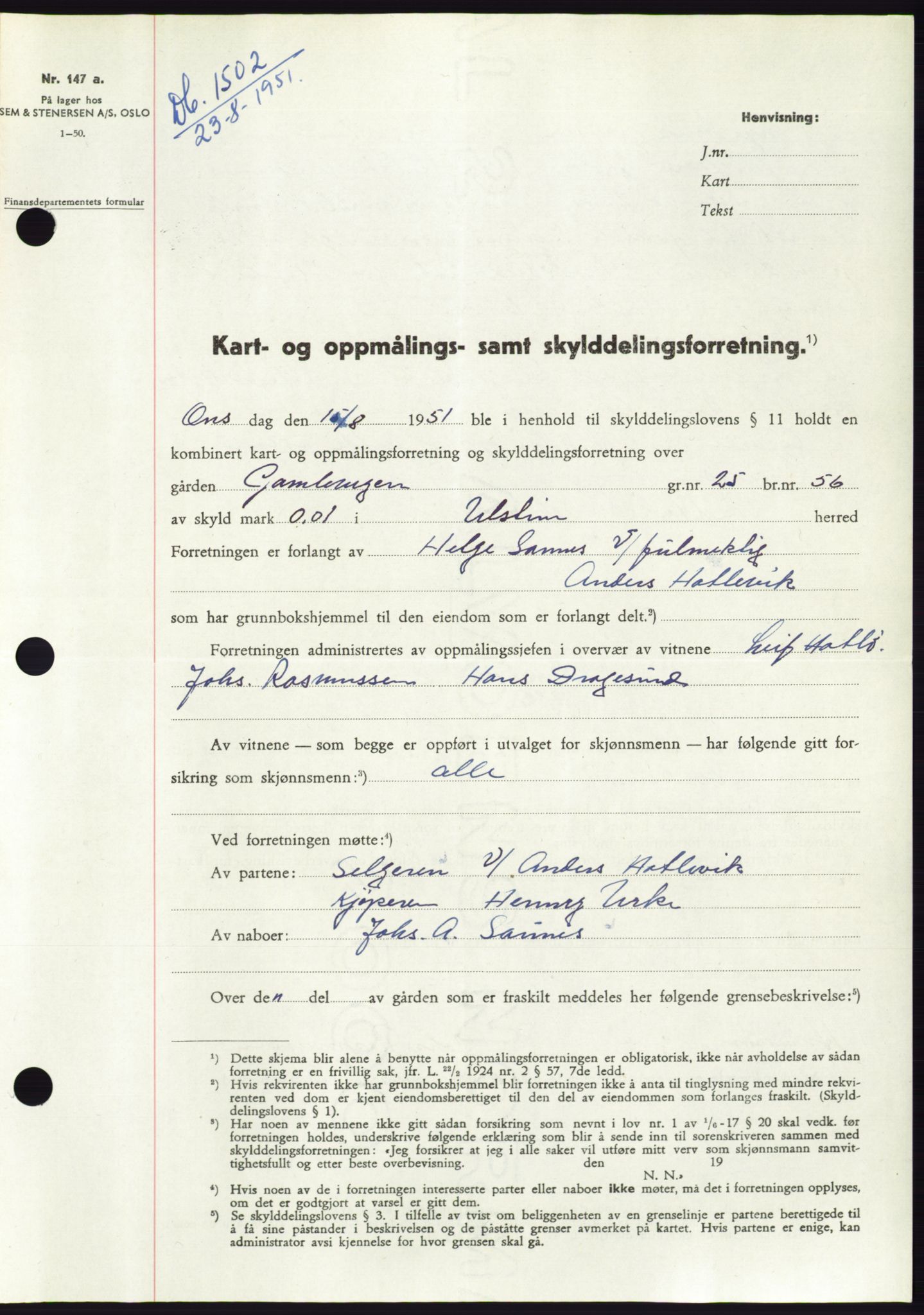 Søre Sunnmøre sorenskriveri, AV/SAT-A-4122/1/2/2C/L0089: Mortgage book no. 15A, 1951-1951, Diary no: : 1502/1951