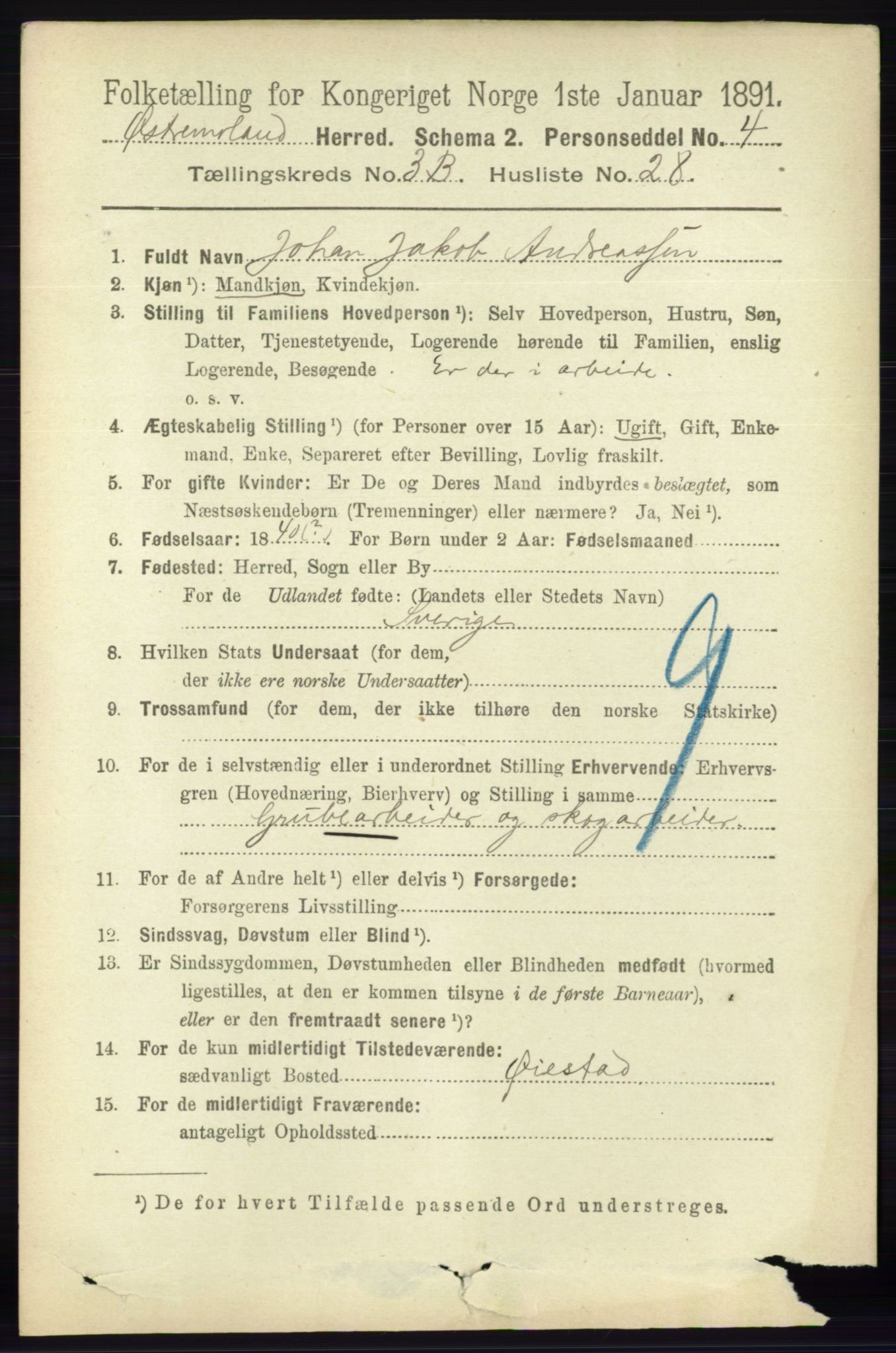 RA, 1891 census for 0918 Austre Moland, 1891, p. 1894