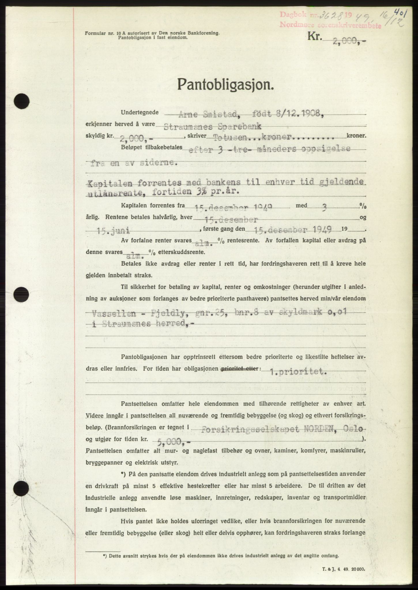 Nordmøre sorenskriveri, AV/SAT-A-4132/1/2/2Ca: Mortgage book no. B103, 1949-1950, Diary no: : 3628/1949