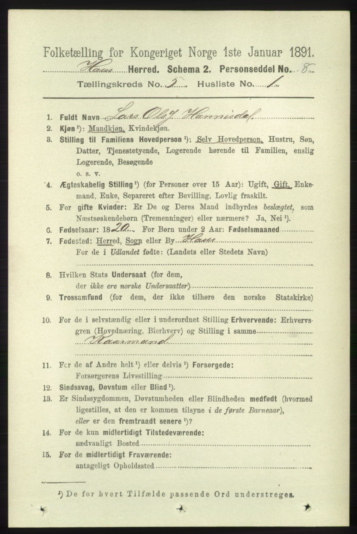 RA, 1891 census for 1250 Haus, 1891, p. 1829