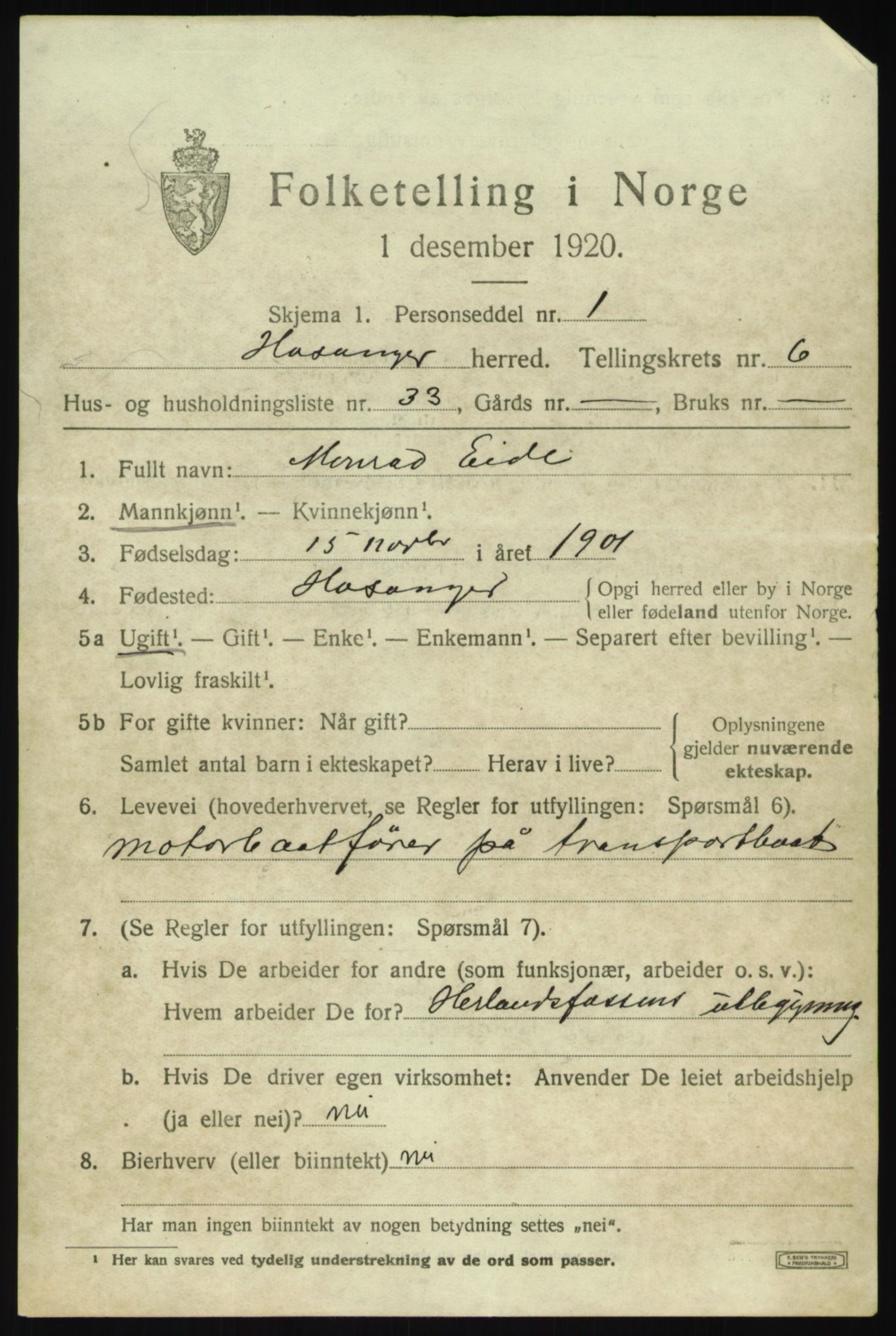 SAB, 1920 census for Hosanger, 1920, p. 3063