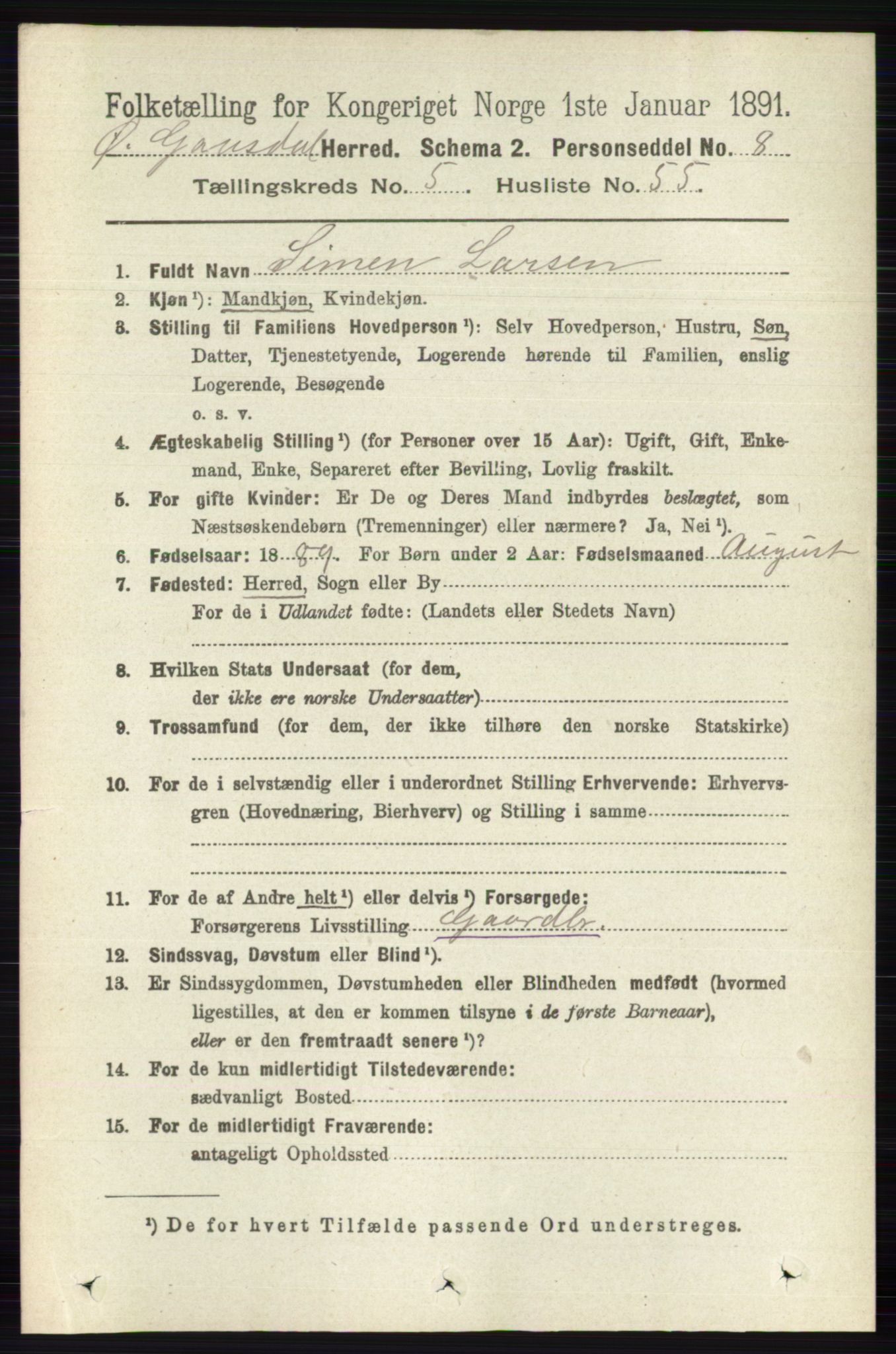 RA, 1891 census for 0522 Østre Gausdal, 1891, p. 3300