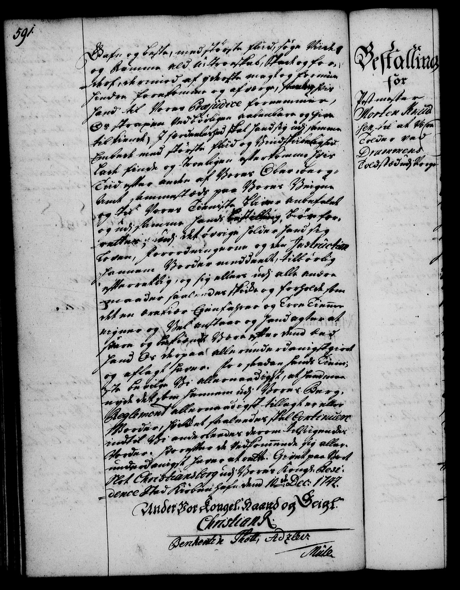 Rentekammeret, Kammerkanselliet, RA/EA-3111/G/Gg/Gge/L0002: Norsk bestallingsprotokoll med register (merket RK 53.26), 1730-1744, p. 591