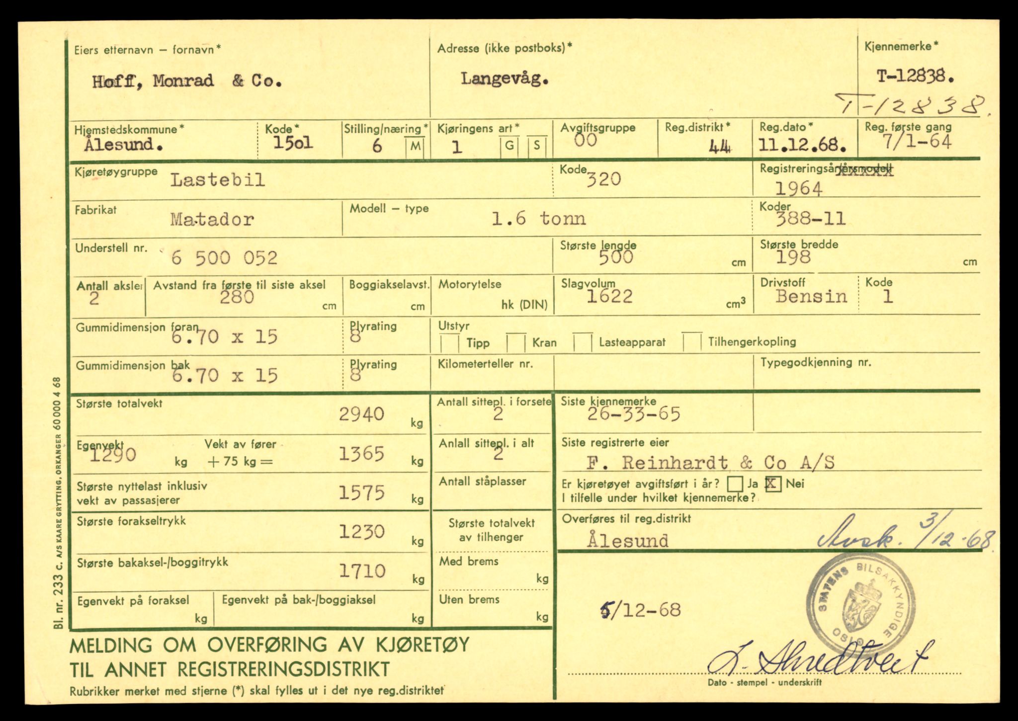 Møre og Romsdal vegkontor - Ålesund trafikkstasjon, AV/SAT-A-4099/F/Fe/L0036: Registreringskort for kjøretøy T 12831 - T 13030, 1927-1998, p. 253