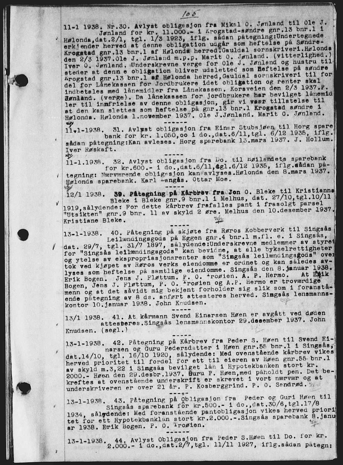 Gauldal sorenskriveri, SAT/A-0014/1/2/2C/L0048: Mortgage book no. 51-52, 1937-1938, p. 104-105, Diary no: : 30/1938