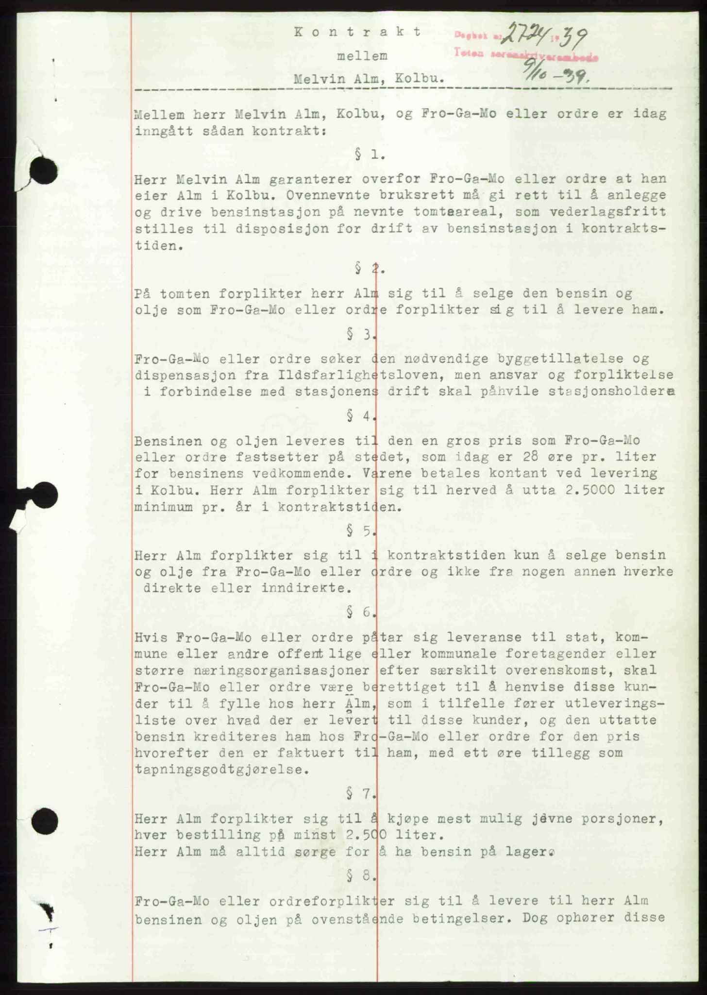 Toten tingrett, SAH/TING-006/H/Hb/Hbc/L0006: Mortgage book no. Hbc-06, 1939-1939, Diary no: : 2724/1939