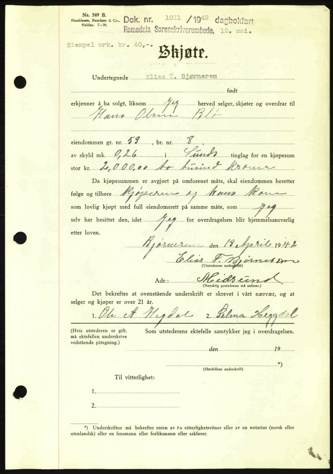 Romsdal sorenskriveri, AV/SAT-A-4149/1/2/2C: Mortgage book no. A12, 1942-1942, Diary no: : 1011/1942