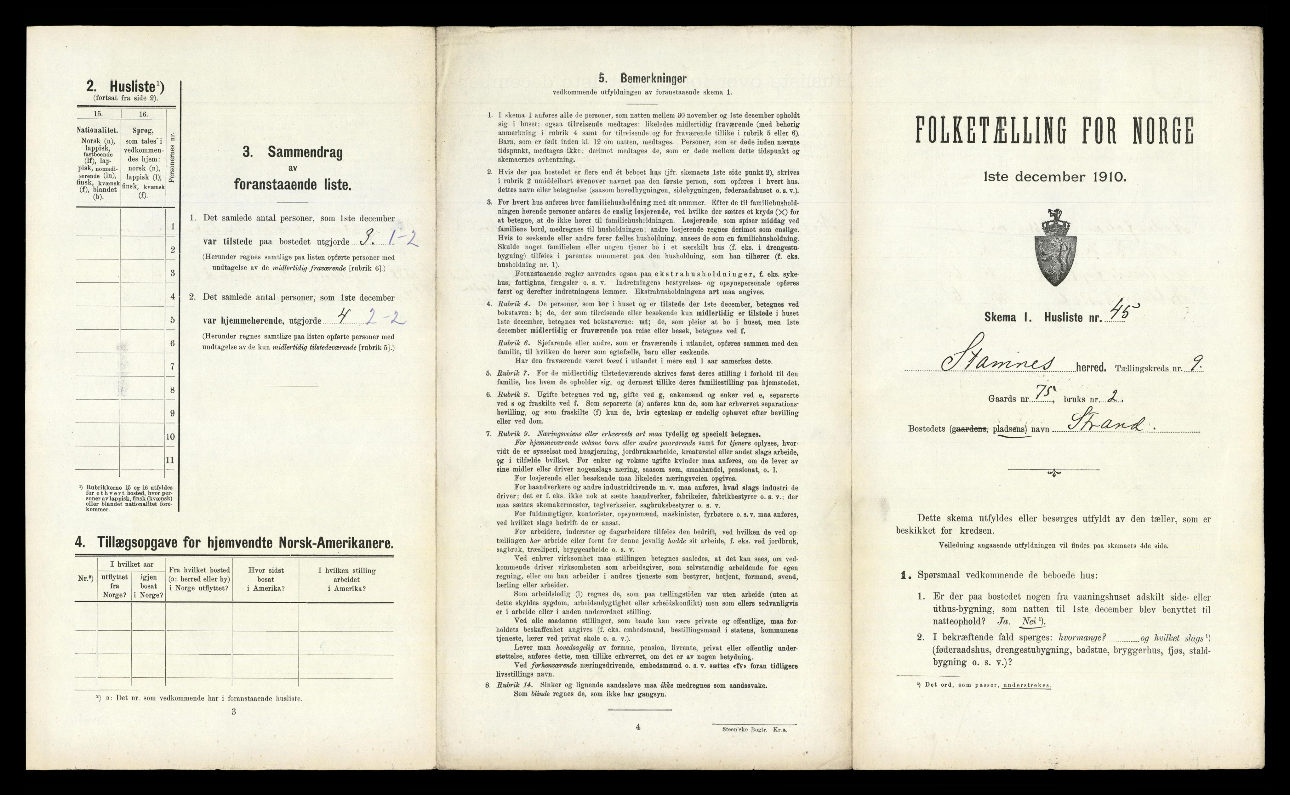 RA, 1910 census for Stamnes, 1910, p. 960