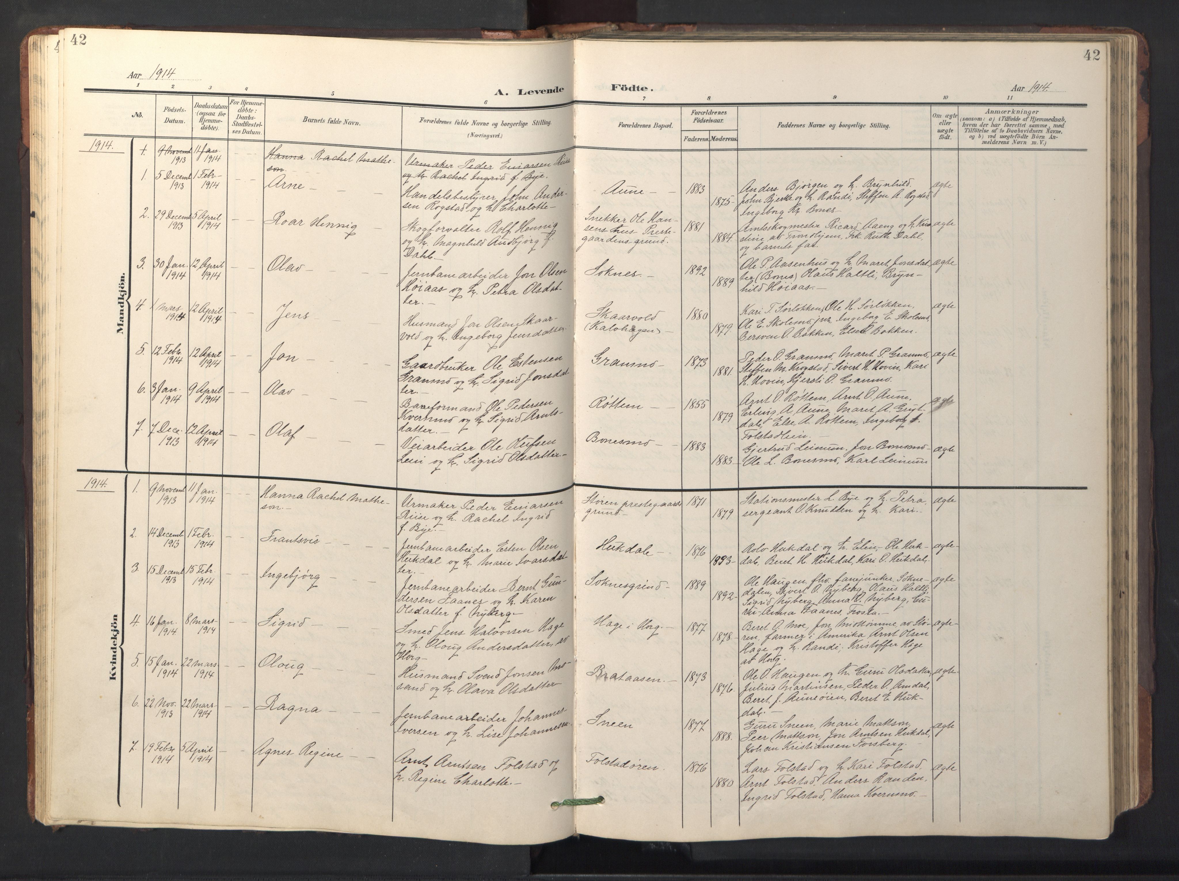 Ministerialprotokoller, klokkerbøker og fødselsregistre - Sør-Trøndelag, SAT/A-1456/687/L1019: Parish register (copy) no. 687C03, 1904-1931, p. 42