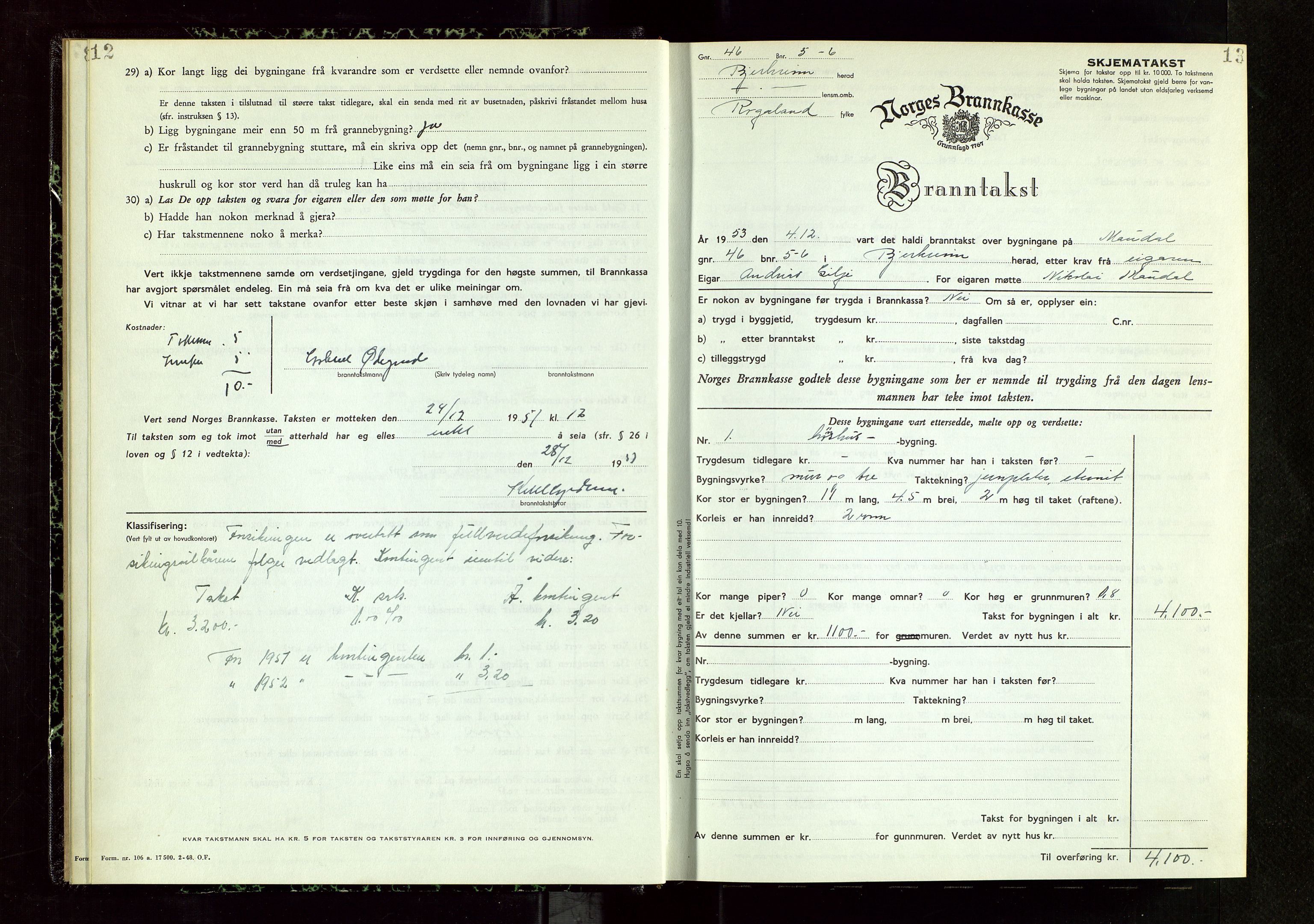 Bjerkreim lensmannskontor, SAST/A-100090/Gob/L0002: "Branntakstprotokoll", 1950-1955, p. 12-13