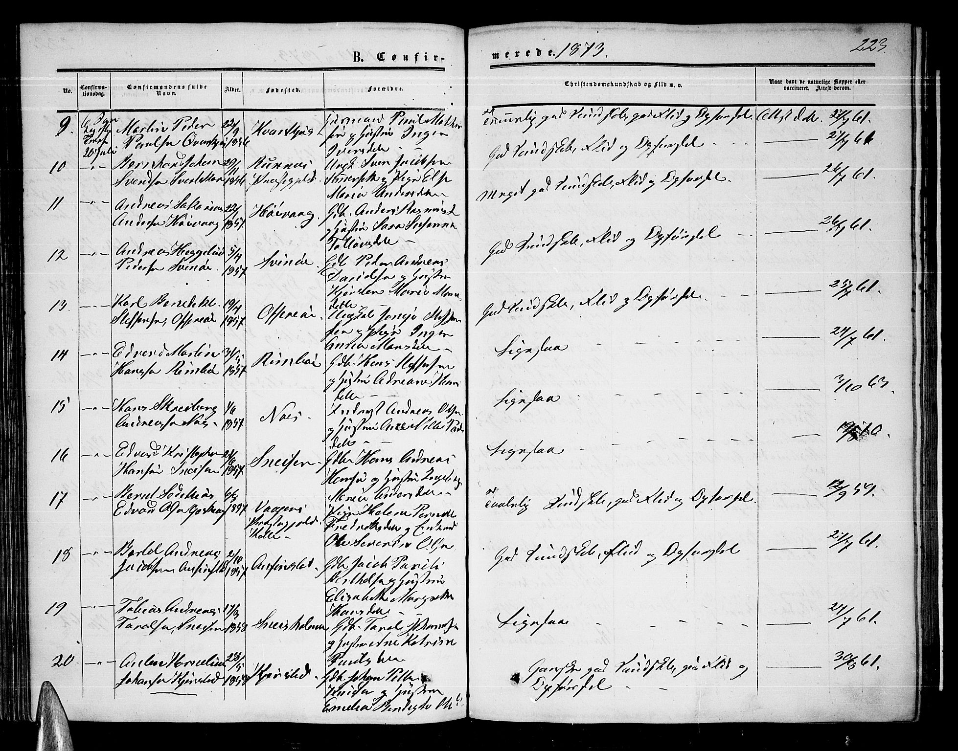 Ministerialprotokoller, klokkerbøker og fødselsregistre - Nordland, AV/SAT-A-1459/872/L1046: Parish register (copy) no. 872C02, 1852-1879, p. 223