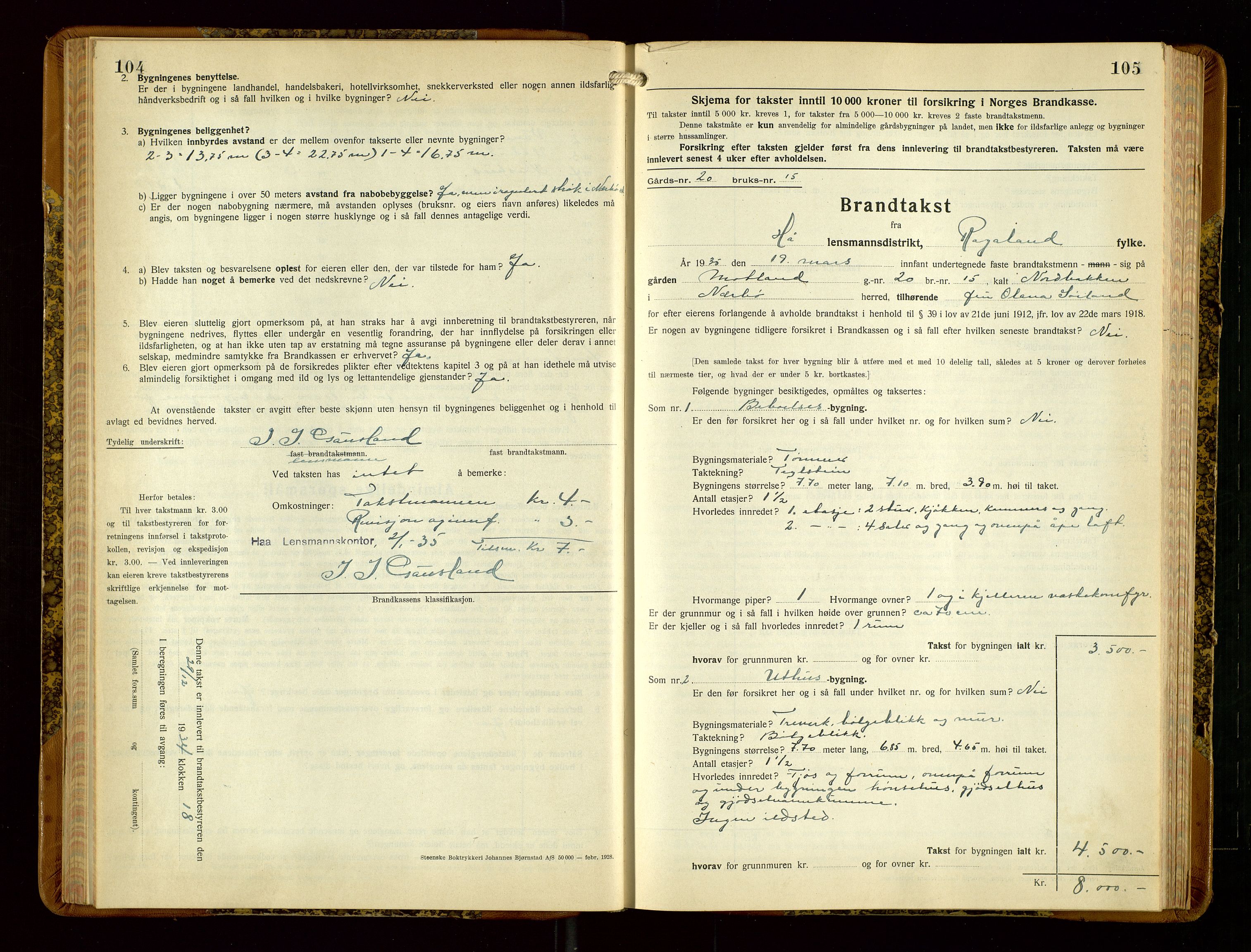 Hå lensmannskontor, SAST/A-100456/Goa/L0006: Takstprotokoll (skjema), 1932-1938, p. 104-105