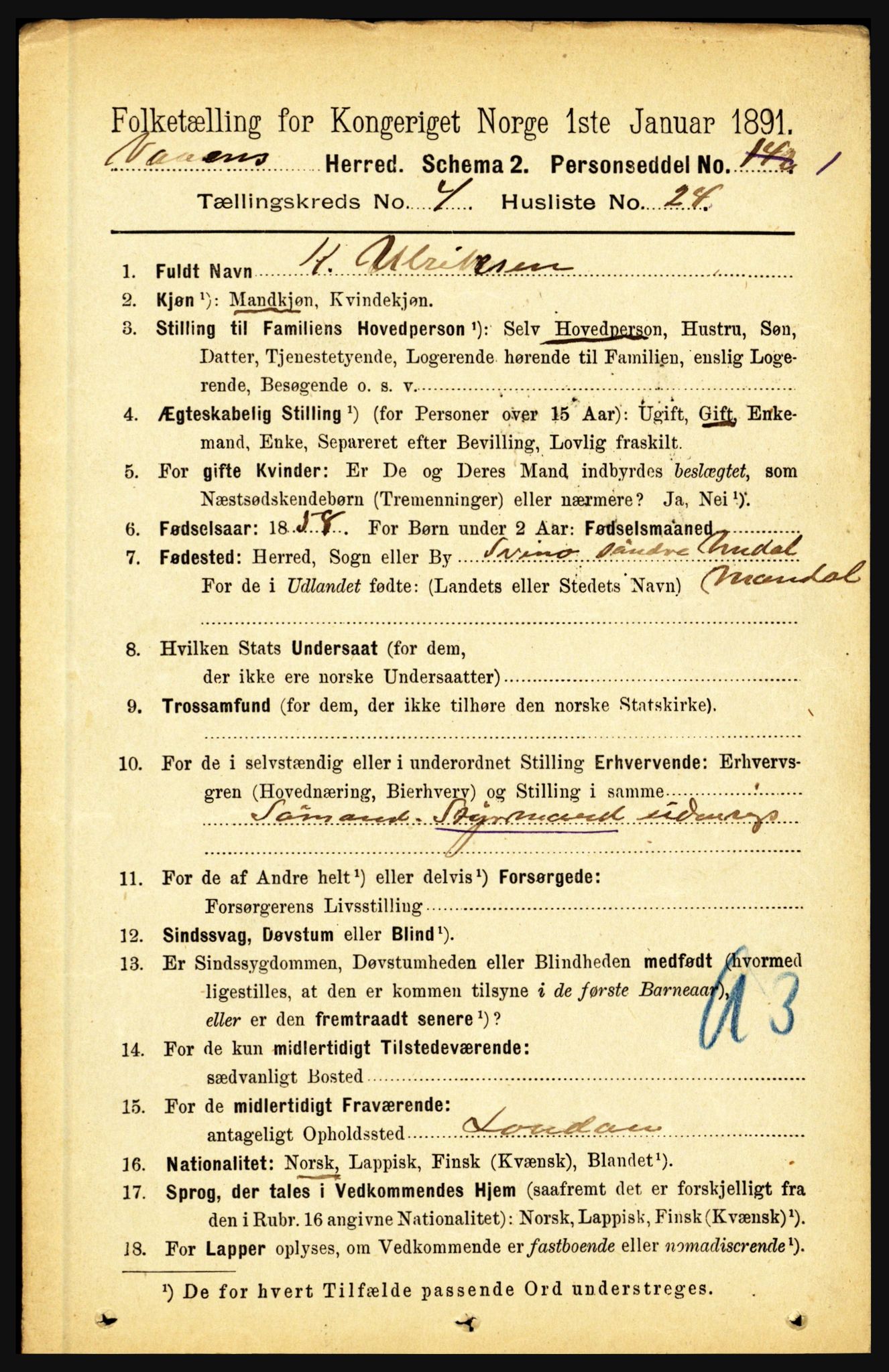 RA, 1891 census for 1865 Vågan, 1891, p. 1080