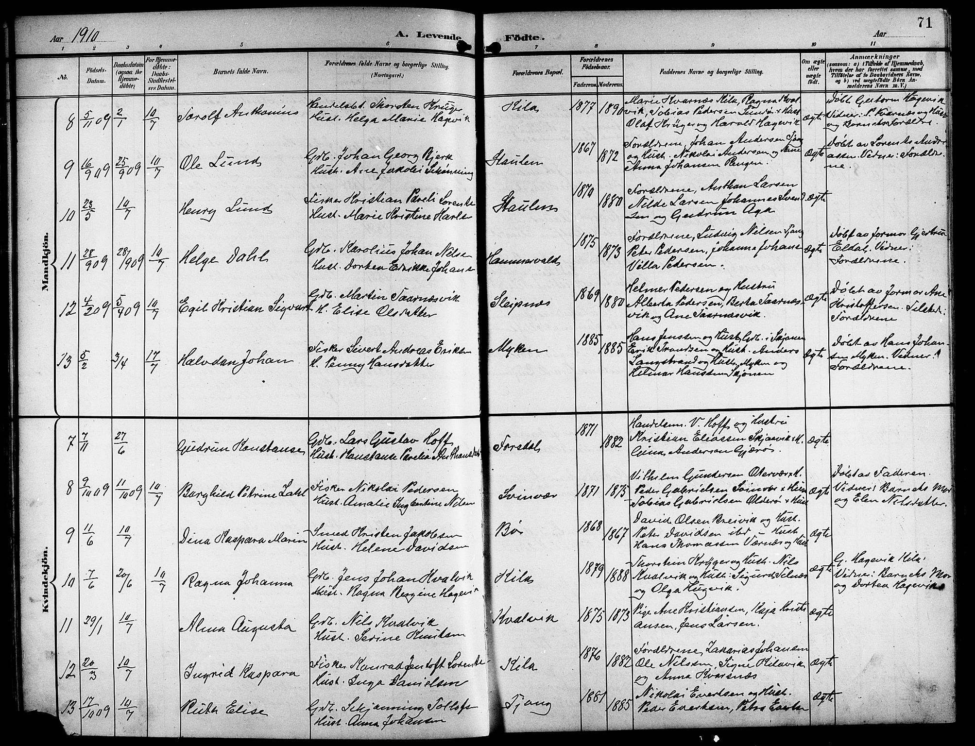 Ministerialprotokoller, klokkerbøker og fødselsregistre - Nordland, AV/SAT-A-1459/841/L0621: Parish register (copy) no. 841C05, 1897-1923, p. 71