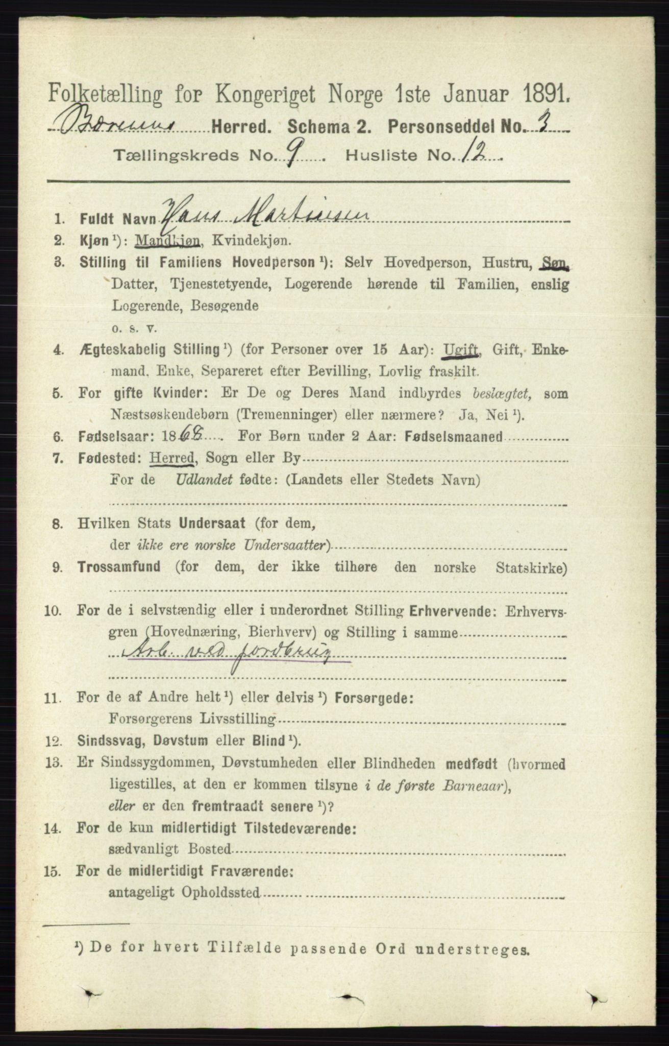 RA, 1891 census for 0219 Bærum, 1891, p. 5226