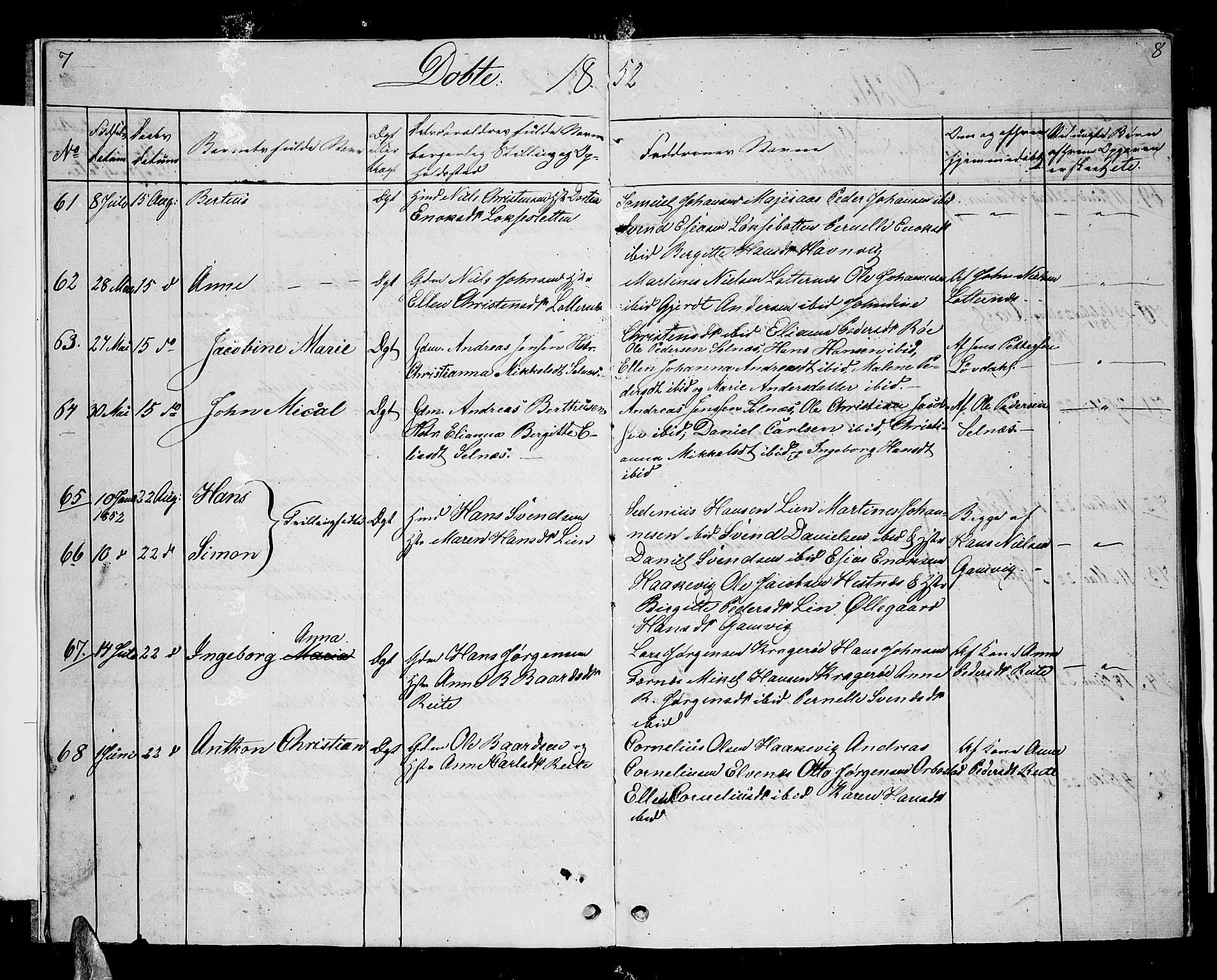 Ibestad sokneprestembete, SATØ/S-0077/H/Ha/Hab/L0004klokker: Parish register (copy) no. 4, 1852-1860, p. 7-8