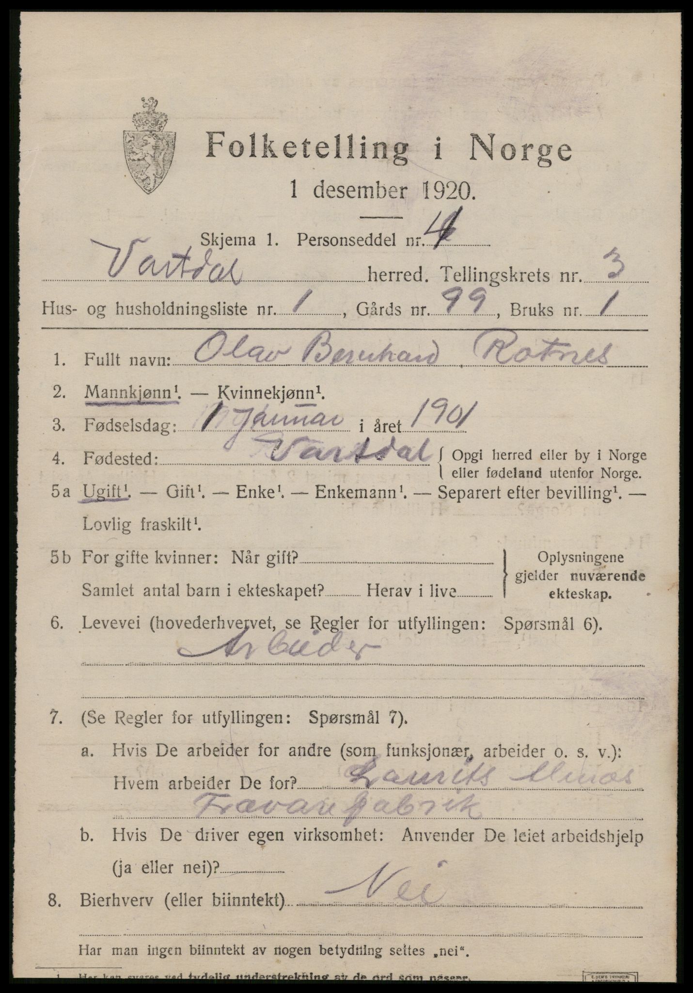 SAT, 1920 census for Vartdal, 1920, p. 1173