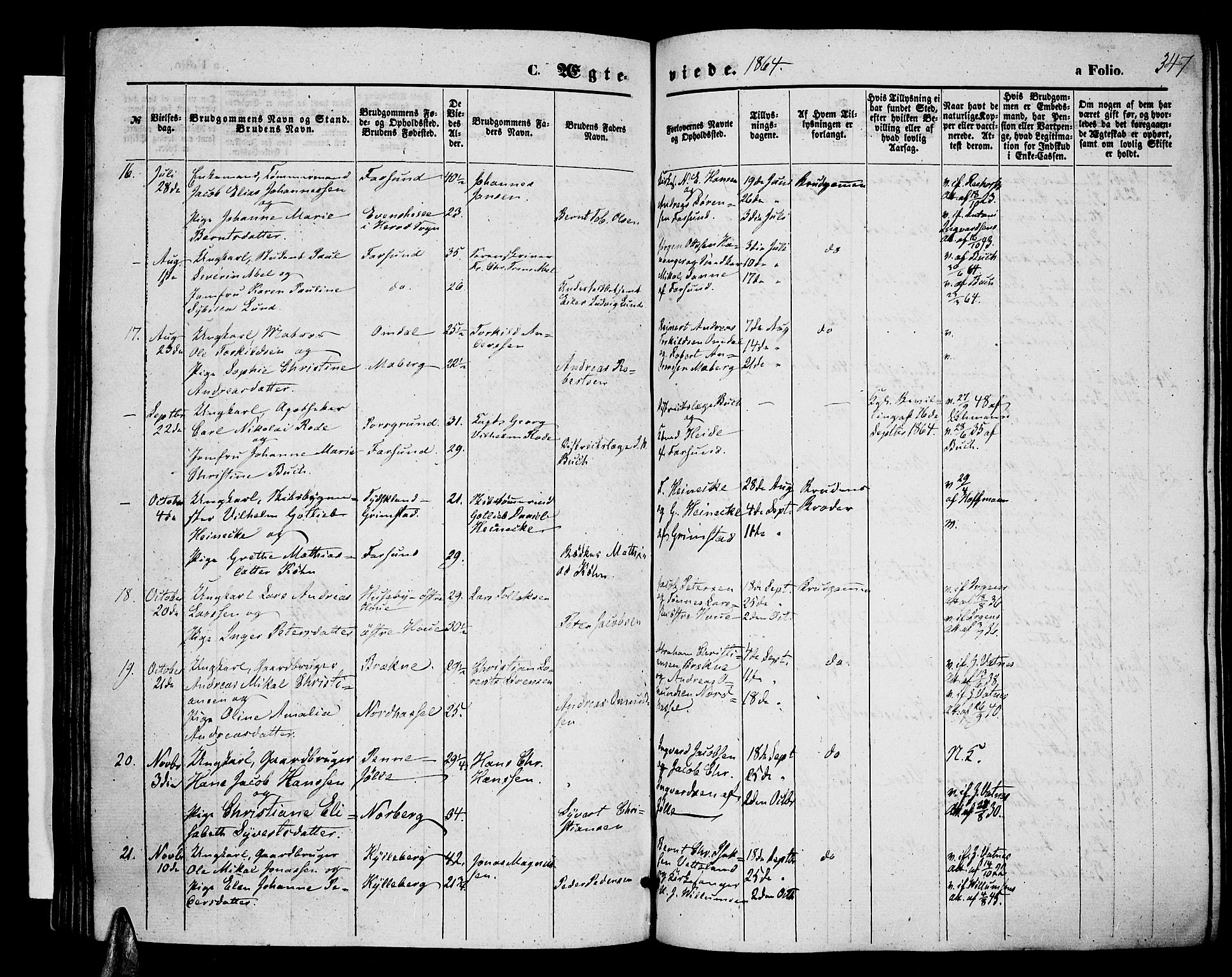 Lista sokneprestkontor, AV/SAK-1111-0027/F/Fb/L0003: Parish register (copy) no. B 3, 1862-1877, p. 347