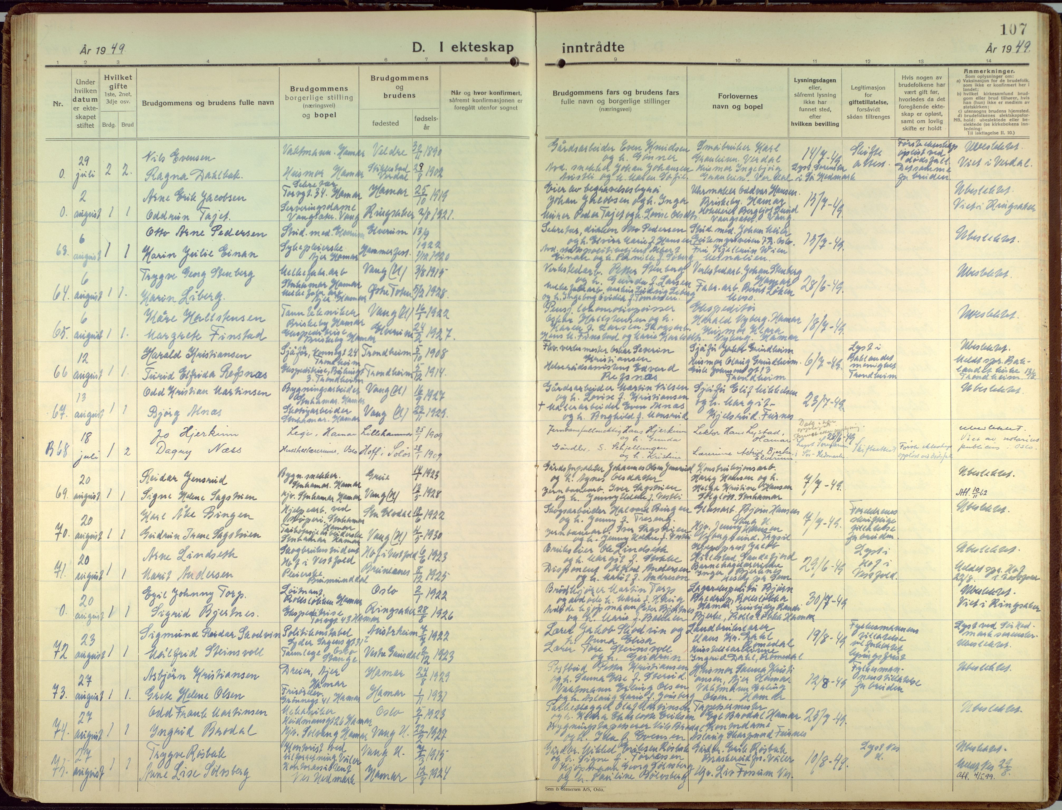 Hamar prestekontor, AV/SAH-DOMPH-002/H/Ha/Haa/L0006: Parish register (official) no. 6, 1931-1953, p. 107