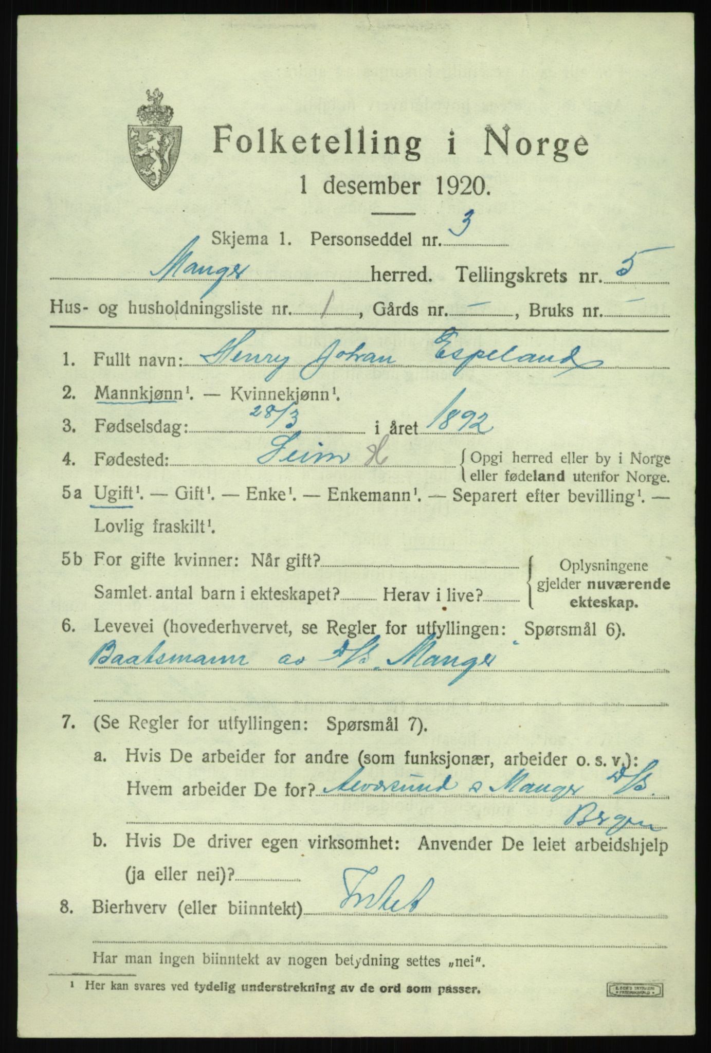 SAB, 1920 census for Manger, 1920, p. 3259