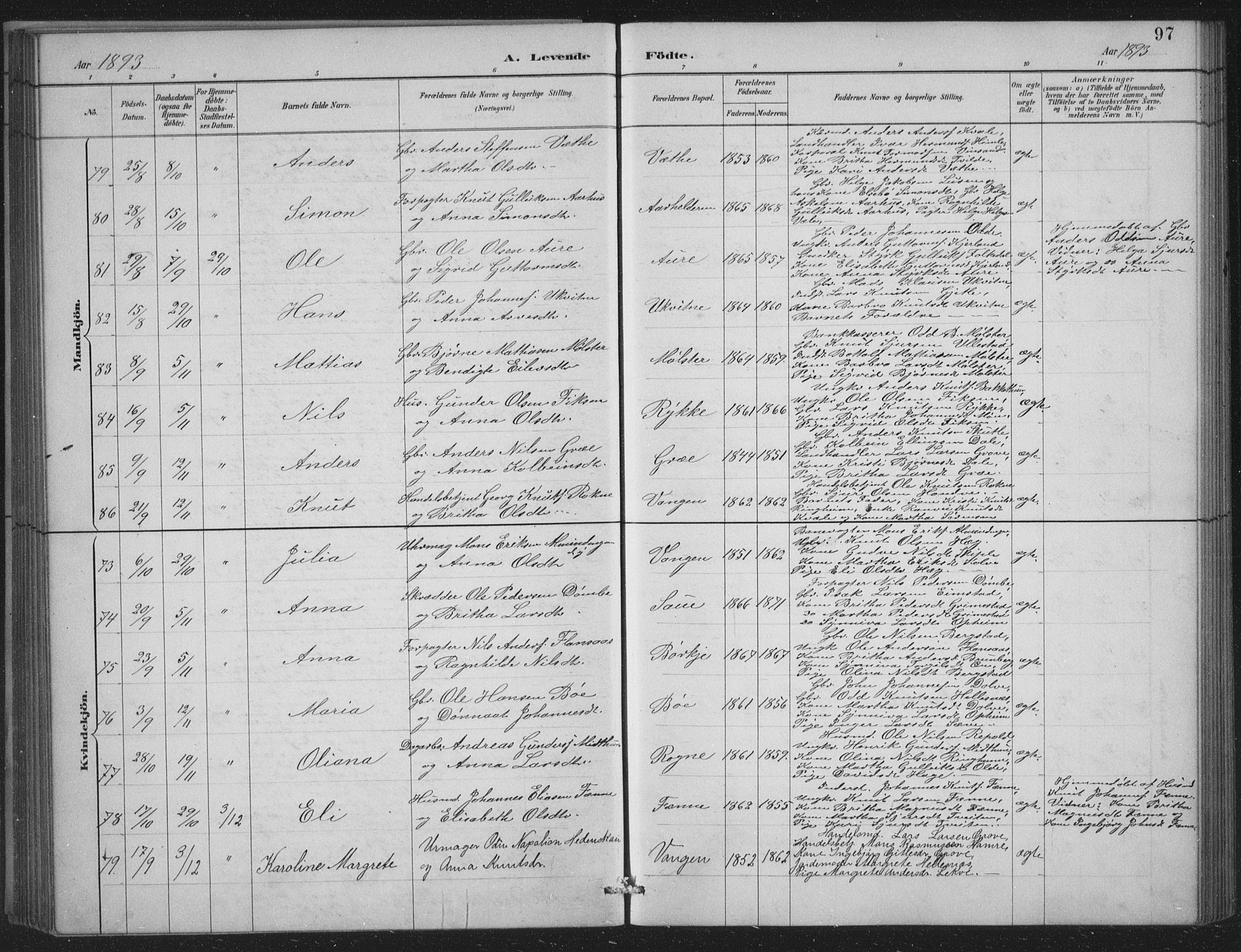 Voss sokneprestembete, SAB/A-79001/H/Hab: Parish register (copy) no. C 1, 1886-1899, p. 97