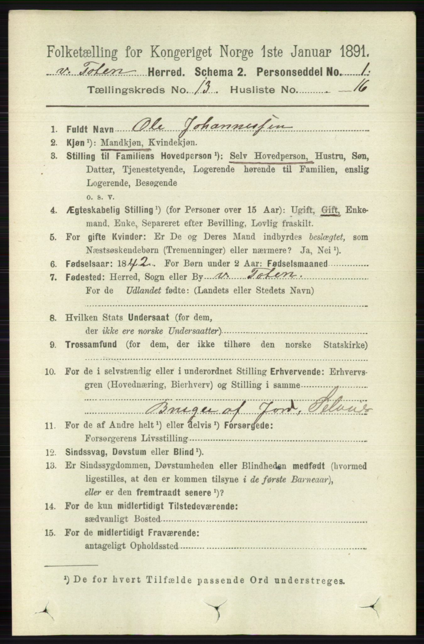 RA, 1891 census for 0529 Vestre Toten, 1891, p. 7883