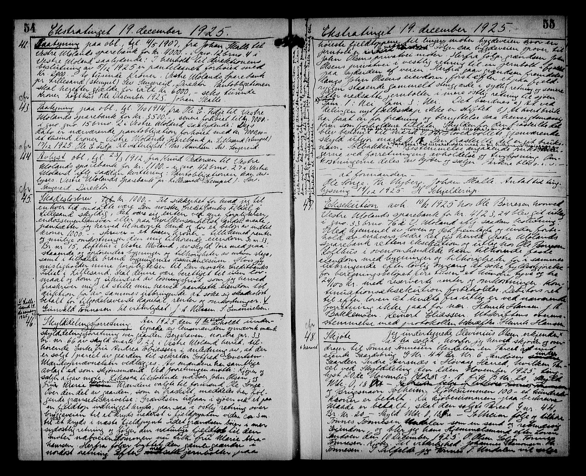 Vestre Nedenes/Sand sorenskriveri, AV/SAK-1221-0010/G/Gb/Gba/L0035: Mortgage book no. 61, 1925-1929, p. 54-55