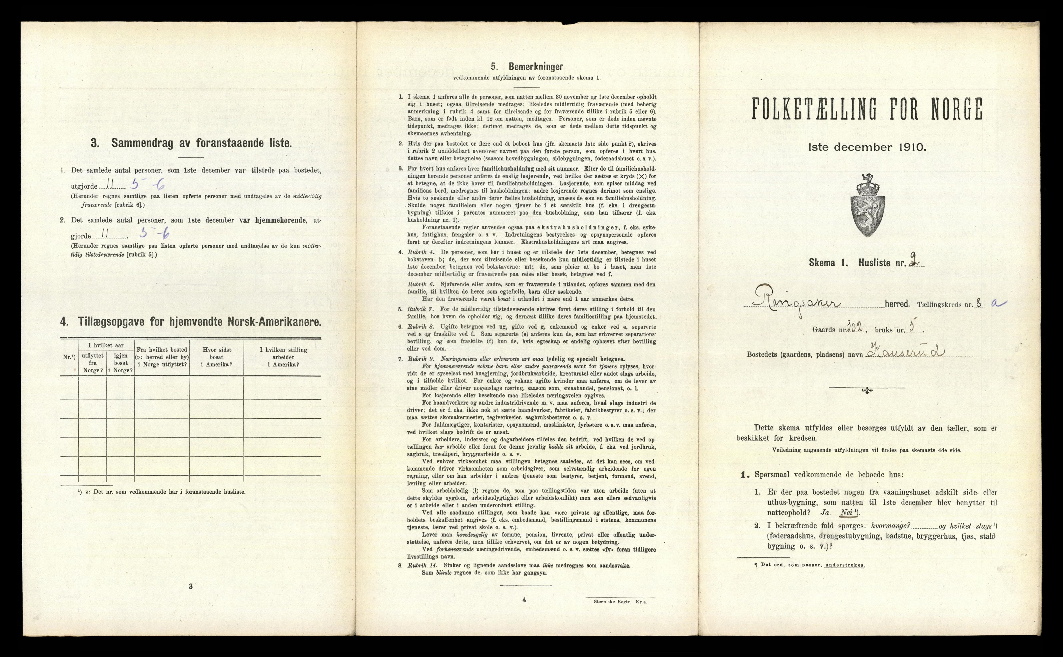 RA, 1910 census for Ringsaker, 1910, p. 1255