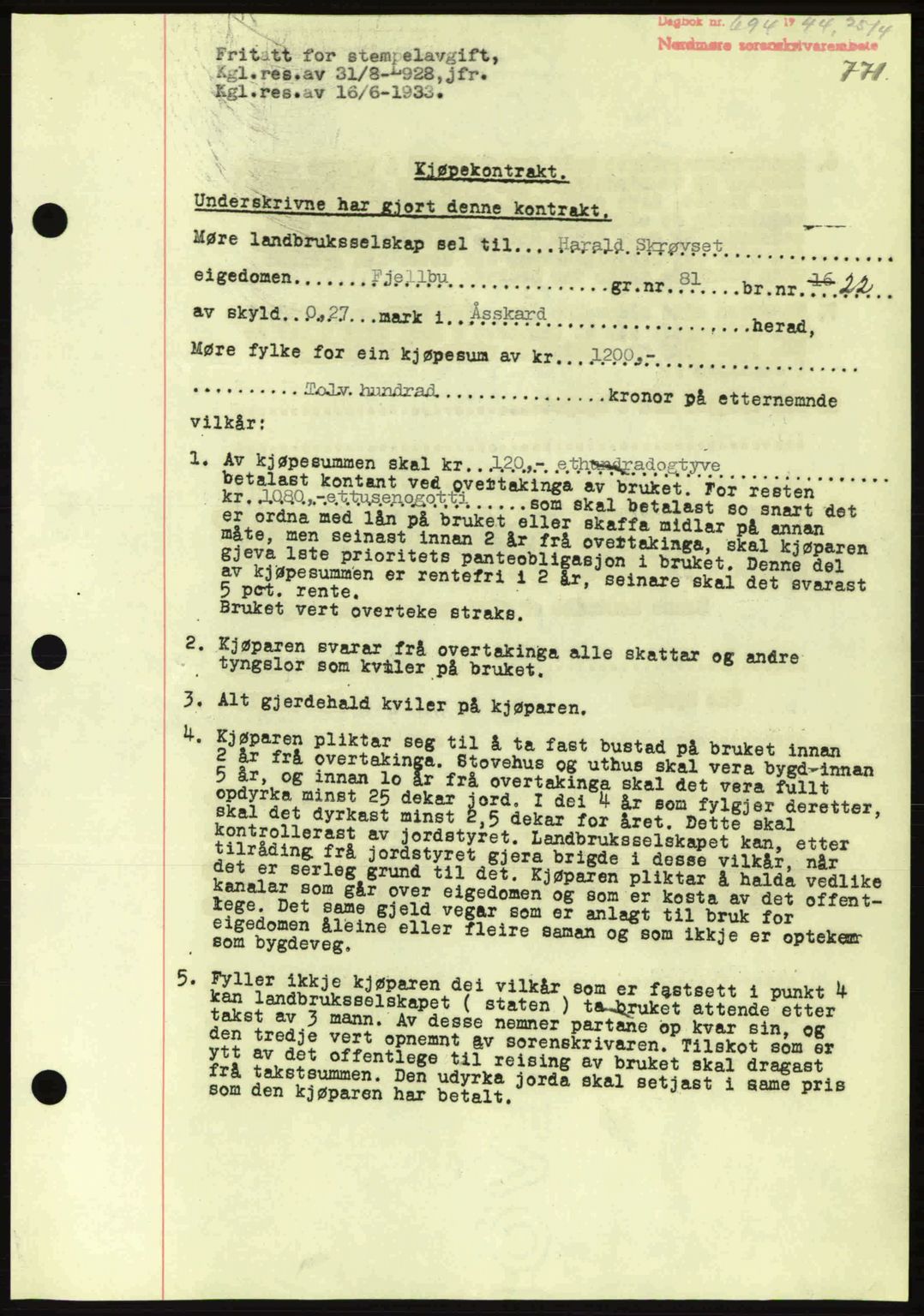 Nordmøre sorenskriveri, AV/SAT-A-4132/1/2/2Ca: Mortgage book no. B91, 1943-1944, Diary no: : 694/1944