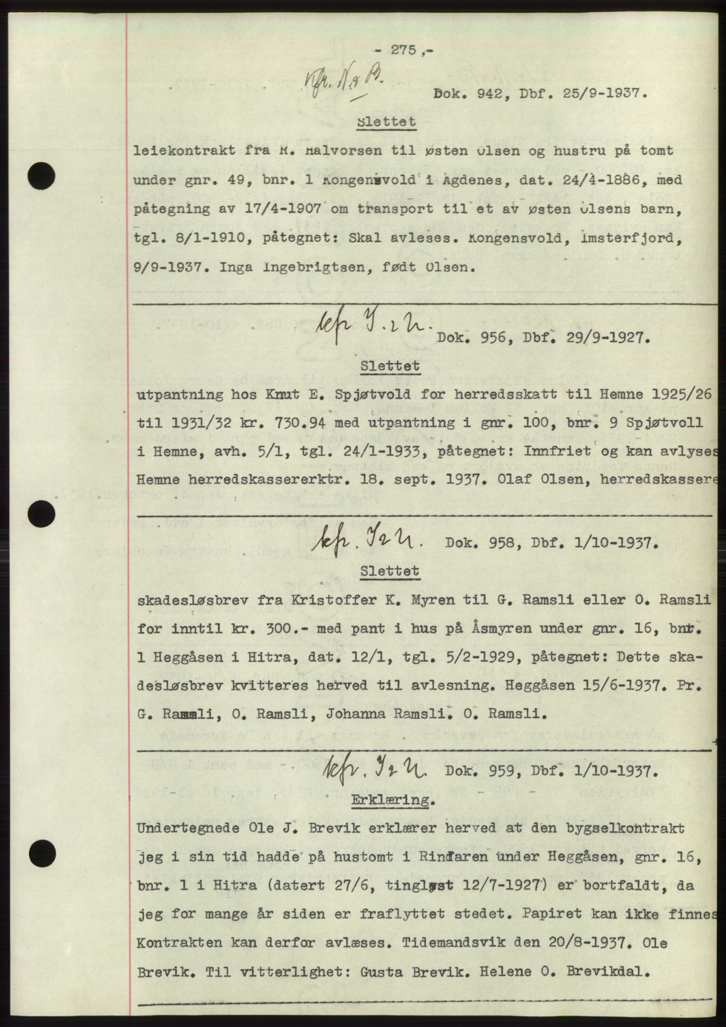 Hitra sorenskriveri, AV/SAT-A-0018/2/2C/2Ca: Mortgage book no. C1, 1936-1945, Diary no: : 942/1937