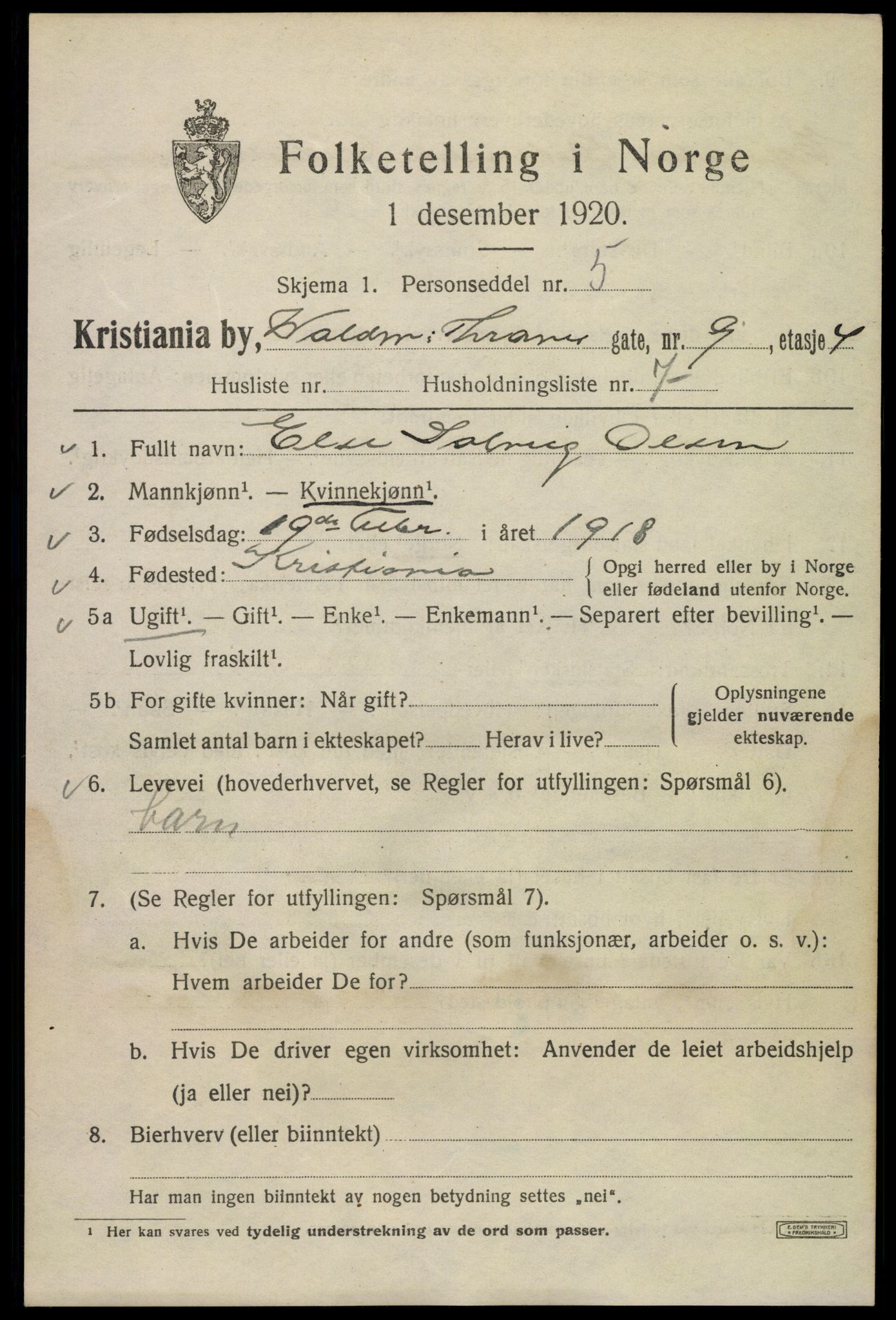 SAO, 1920 census for Kristiania, 1920, p. 645557