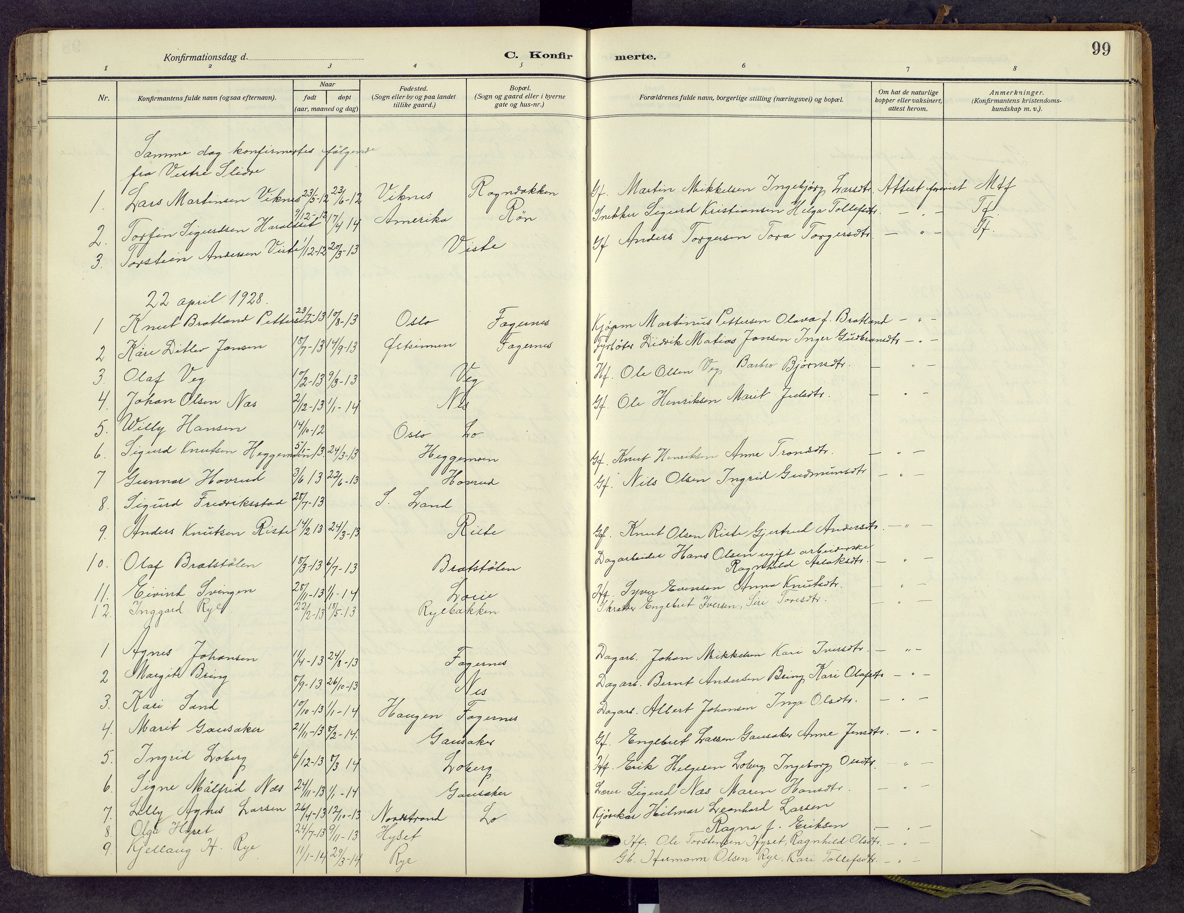 Nord-Aurdal prestekontor, SAH/PREST-132/H/Ha/Hab/L0013: Parish register (copy) no. 13, 1911-1948, p. 99
