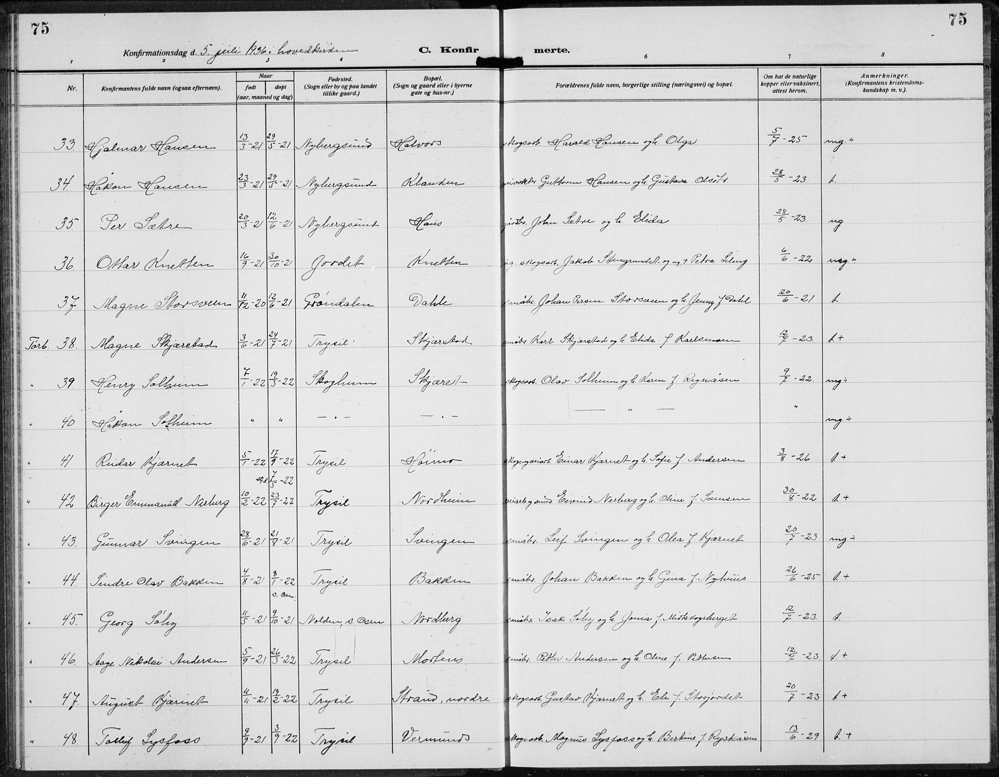 Trysil prestekontor, AV/SAH-PREST-046/H/Ha/Hab/L0010: Parish register (copy) no. 10, 1917-1937, p. 75