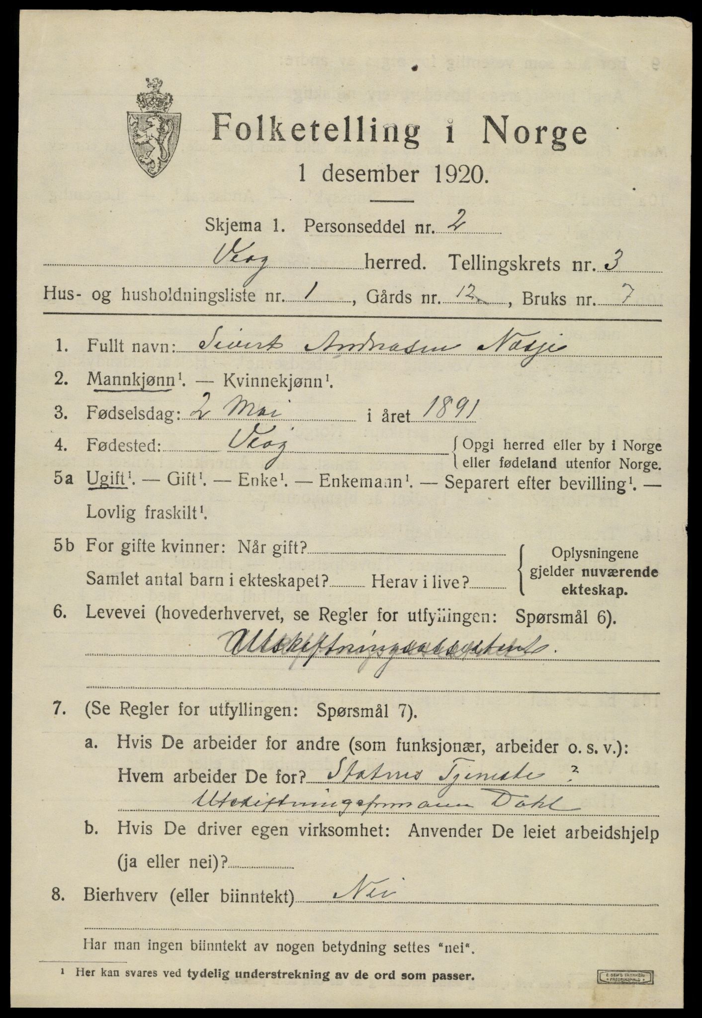 SAT, 1920 census for Veøy, 1920, p. 1441