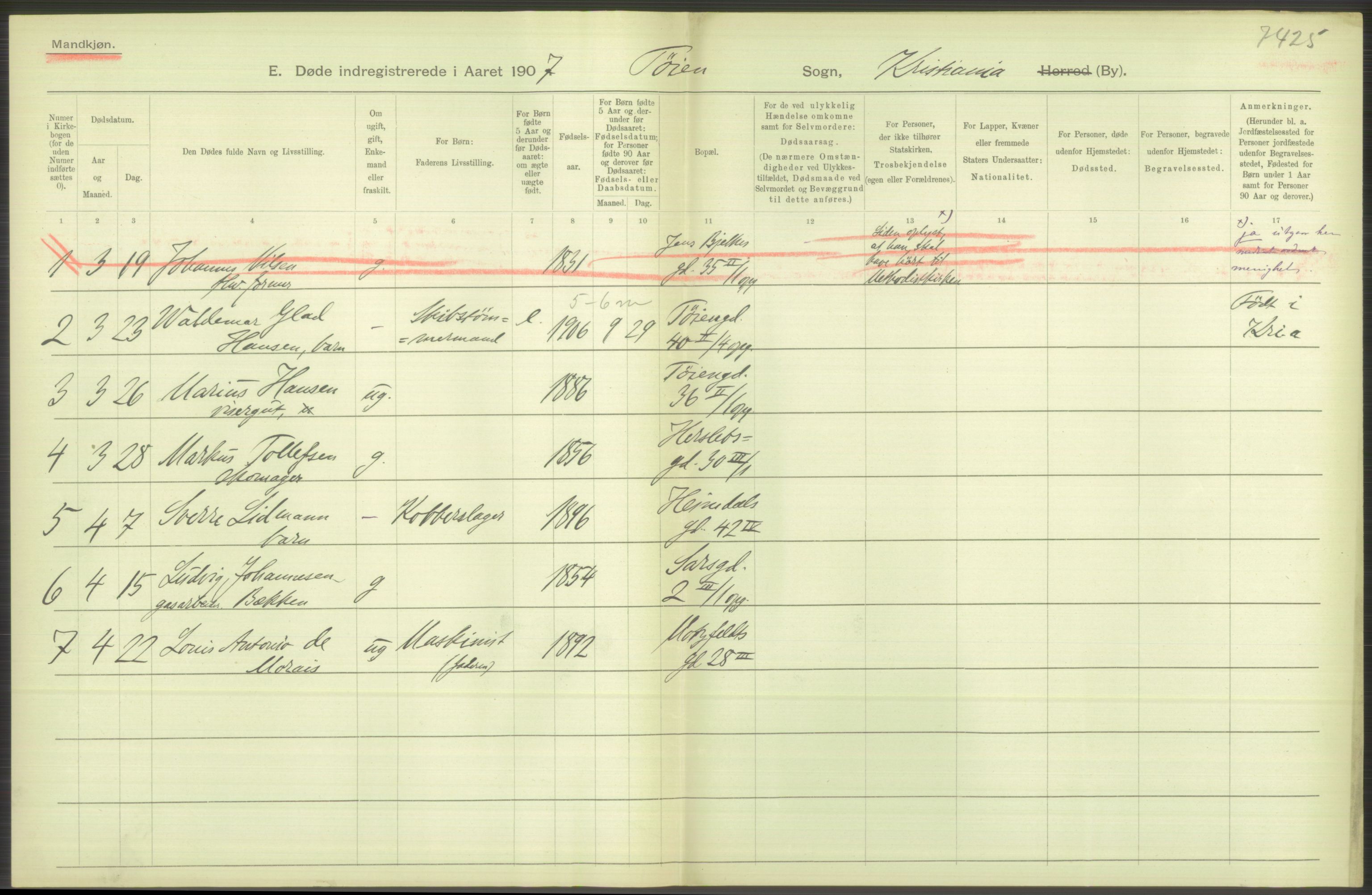 Statistisk sentralbyrå, Sosiodemografiske emner, Befolkning, RA/S-2228/D/Df/Dfa/Dfae/L0009: Kristiania: Døde, 1907, p. 156